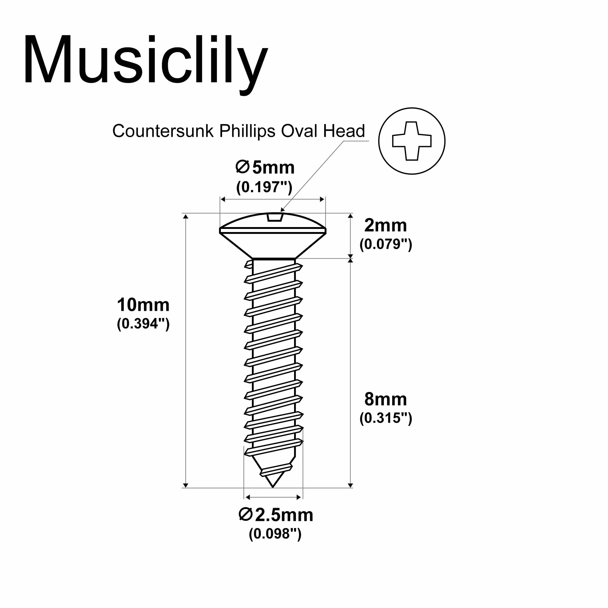 Musiclily Basic Metal Gwint Metryczny Wkręty Śruby do Pickguard Jack Osłona Truss Rod 2,5x10mm, Czarny(20 szt.)