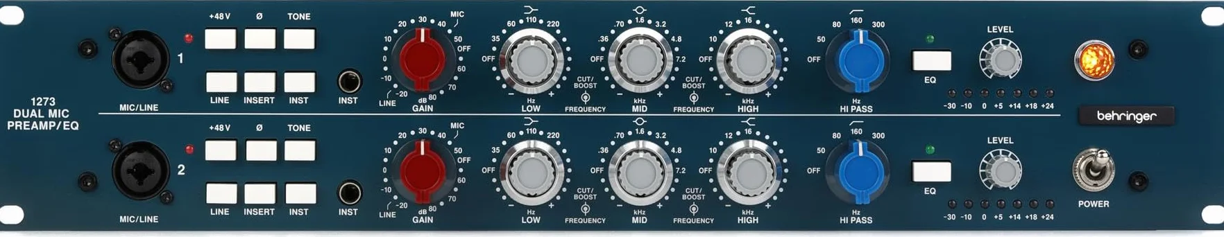 Behringer 1273 Legendarny 2-kanałowy przedwzmacniacz mikrofonowy z 3-pasmowymi korektorami i niestandardowymi transformatorami Midas