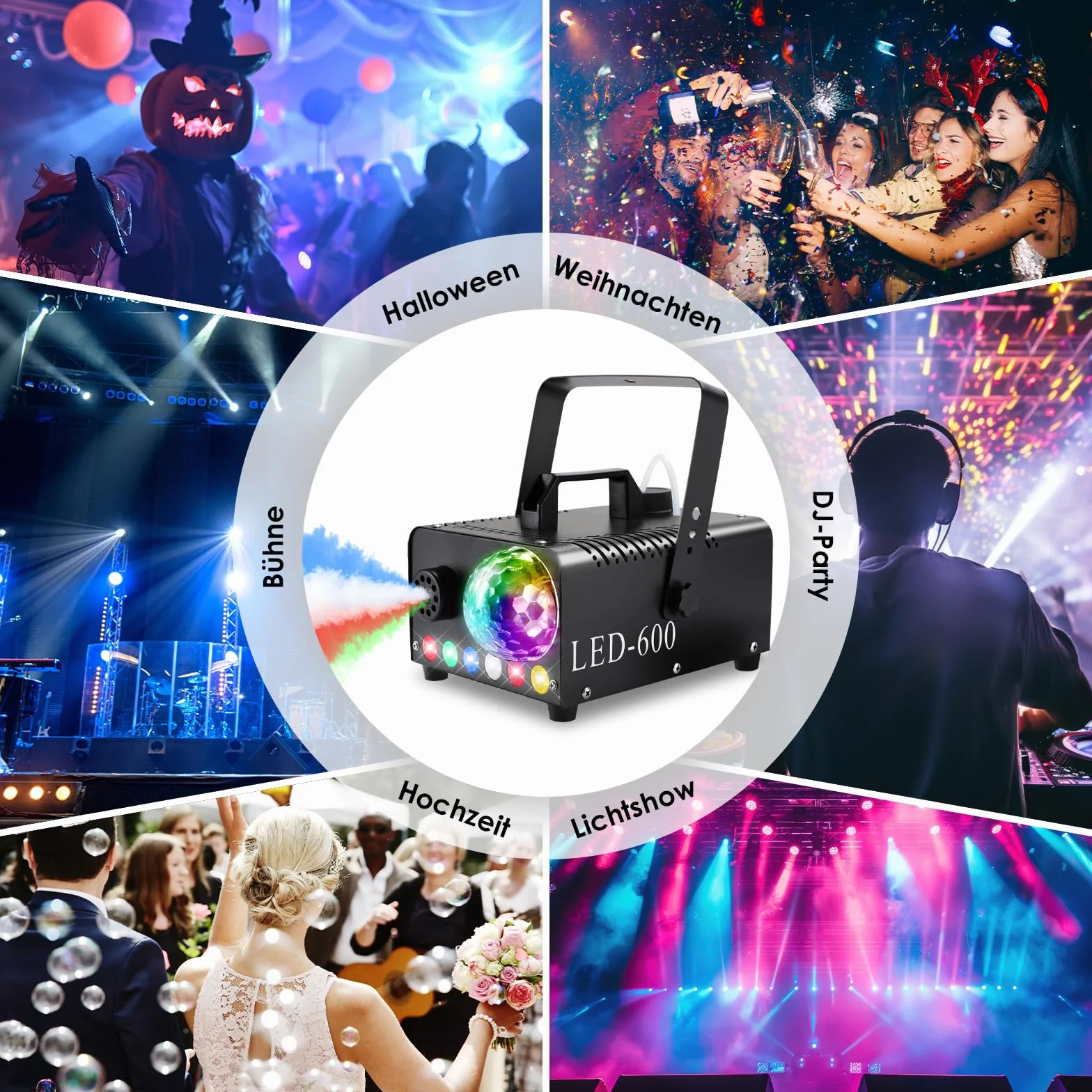 Fog Machine 600W 5000 CFM z Kulą Dyskotekową 6 LED RGB, Wytwornica Dymu