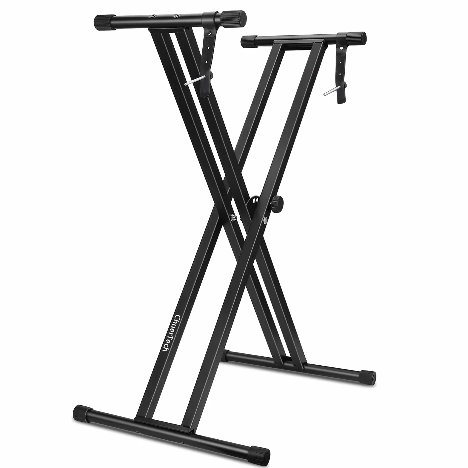 Stojak na keyboard, podwójny wspornik, 7-stopniowa regulacja wysokości, antypoślizgowy, składany, stabilny stojak na fortepian z pasami regulacyjnymi, uchwyt na fortepian – czarny