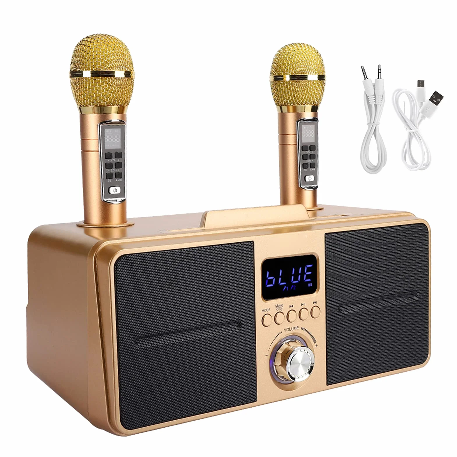 Przenośny zestaw mikrofonów do karaoke z podwójnym mikrofonem bezprzewodowym, Bluetooth 4.2, karta pamięci, AUX, dysk flash USB do domowej karaoke, spotkania, imprezy, kościoła itp. (złoty)