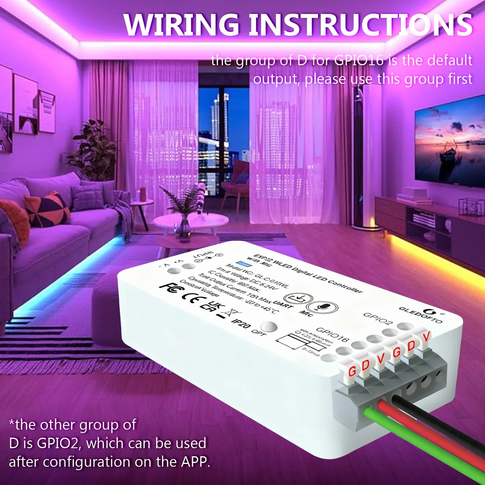 Kontroler WLED, kontroler ESP32, WLED Digital Strip Light Controller z funkcją MIC, GL-C-010WL-D Addressable Strip z mikrofonem WS2811 2812B 2813 2815/GS8208/SM16703P SK6812 /TM1814