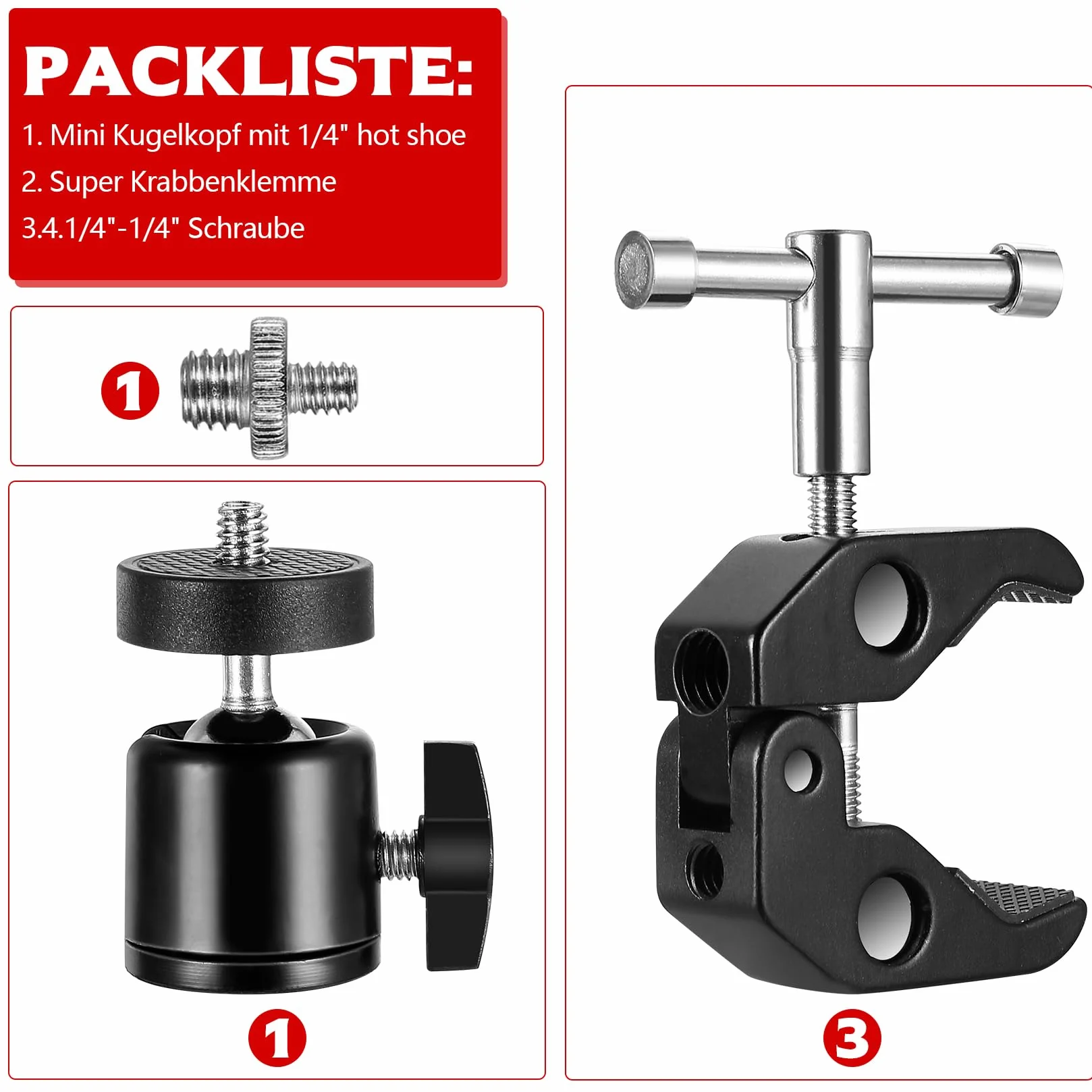 Zestaw do kamery Super Clamps, statyw z bardzo zaciskiem, stabilna głowica kulowa do statywu z adapterem gwintowanym 1/4" 3/8", Magic Arm Clamps Kulowa głowica statywu do aparatów, lamp błyskowych