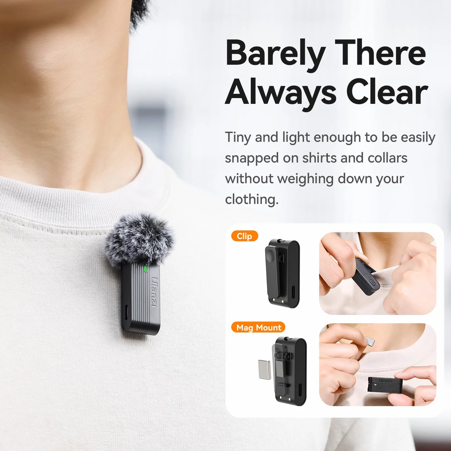 ULANZI A100 Bezprzewodowy mikrofon, Mini mikrofon krawatowy do iPhone15/16'a i Androida/Kamera/USB-C, 13.5 godzin autonomy, Mikrofon Lavalier plug and play do Nagrywanie Wideo, YouTube, TikTok, Vlog