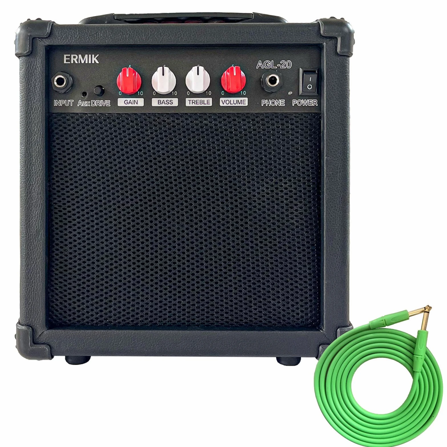 Ermik Wzmacniacz do gitary elektrycznej 20 W, przenośny wzmacniacz do gitary elektrycznej, wbudowany głośnik, gniazdo słuchawkowe, wejście Aux Jack, przycisk napędowy, cztery pokrętła, wzmocnienie basu i głośność, czarny
