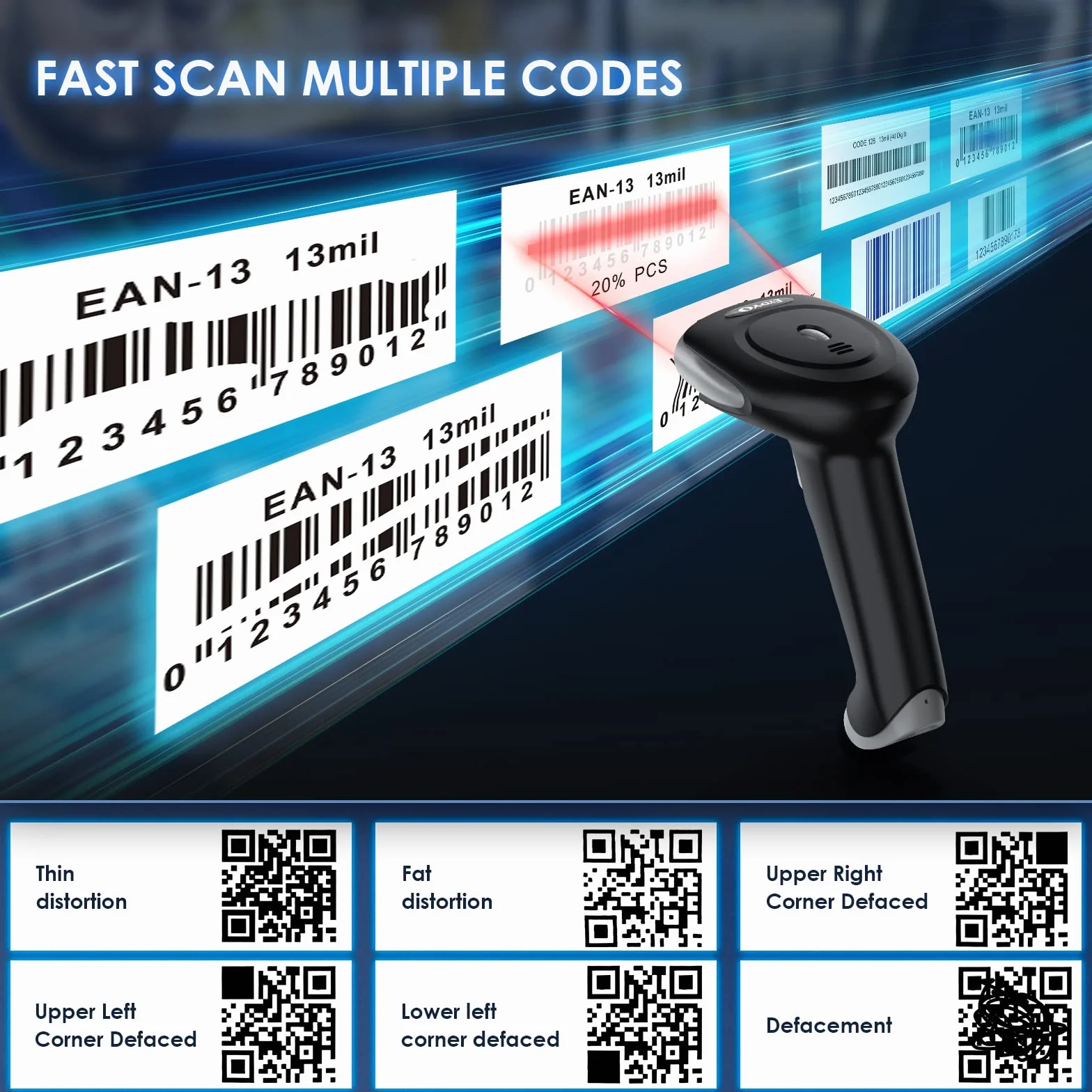 Eyoyo Bezprzewodowy skaner kodów kreskowych Bluetooth, ręczny skaner kodów QR 1D, 2D, 3 w 1, kabel USB i bezprzewodowy skaner kodów kreskowych 2,4 G, do tabletów, iPadów z systemem Android, iOS,