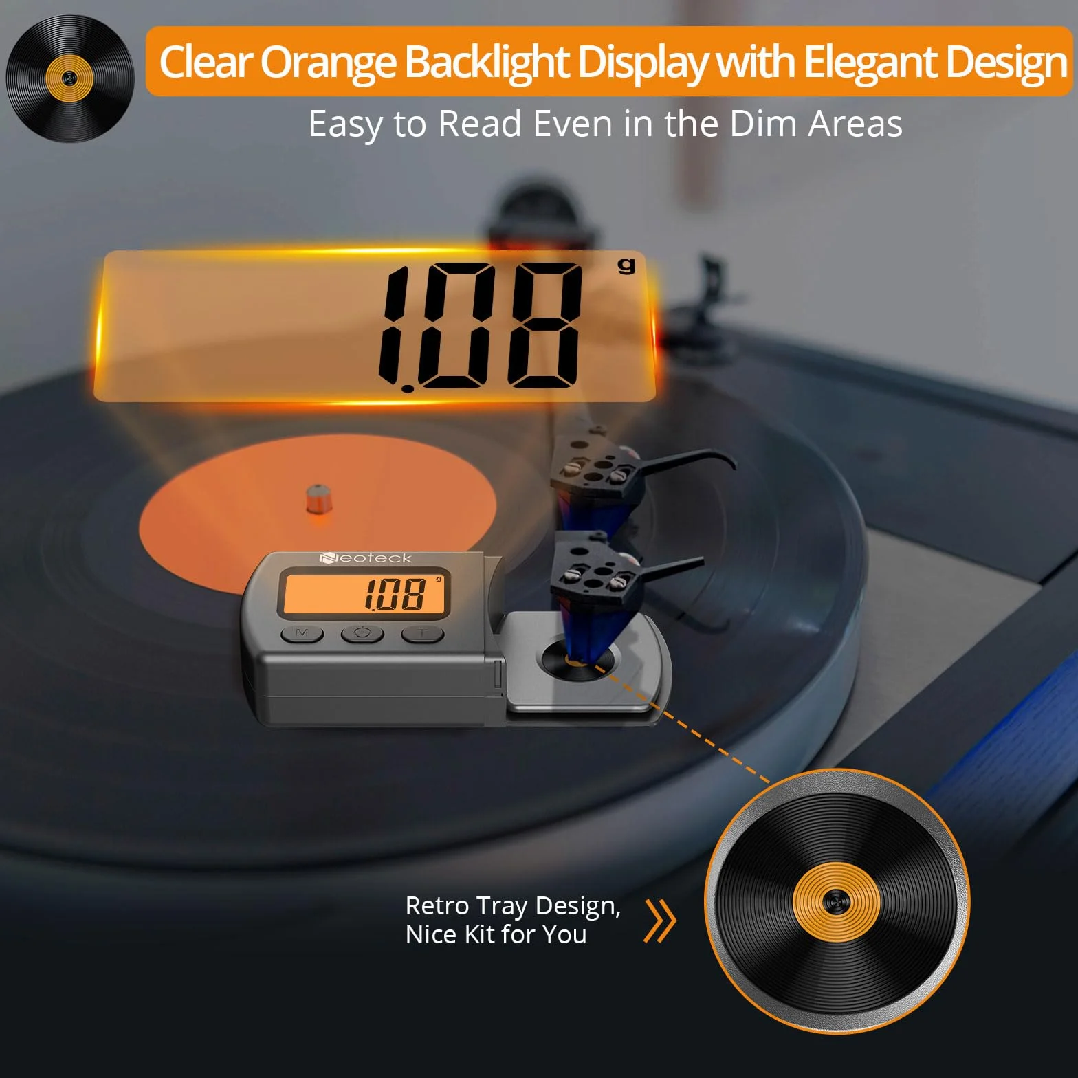 Neoteck Cyfrowy gramofon Stylus Force Scale Gauge 0,01 g/5,00 g z pomarańczowym podświetleniem LCD i kalibracją 5 g, manometr rysika do wkładu gramofonowego - srebrny