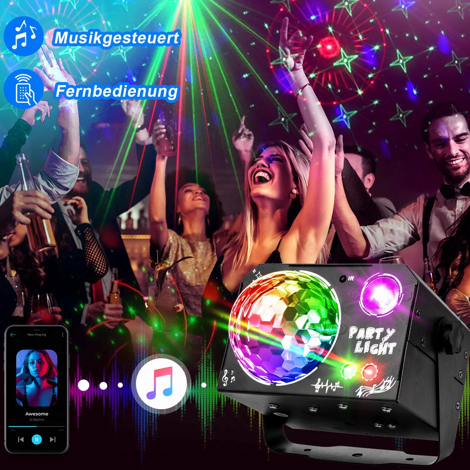 Nigecue Lampa dyskotekowa 4 w 1 z pilotem zdalnego sterowania, sterowanie muzyką z funkcją stroboskopu, sterowanie głosem LED, lampa imprezowa DJ z kablem USB, 2 m, na Halloween, Boże Narodzenie, do
