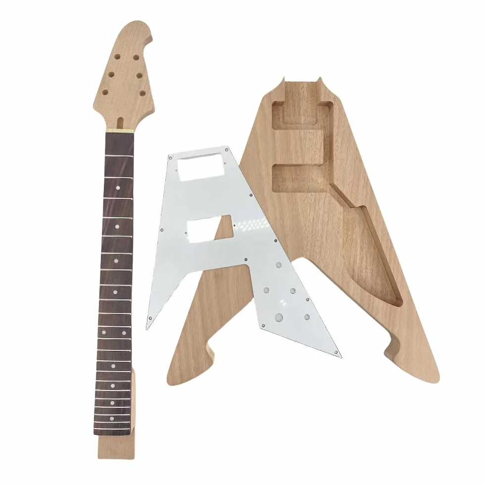 Nowy zestaw do gitary, gryf gitary z 22 progami, 628.65 mm korpus gitary z mahoniu, zestaw znaków kropkowych w stylu Flying V, gryf z drewna rosewood (znak kropkowy)