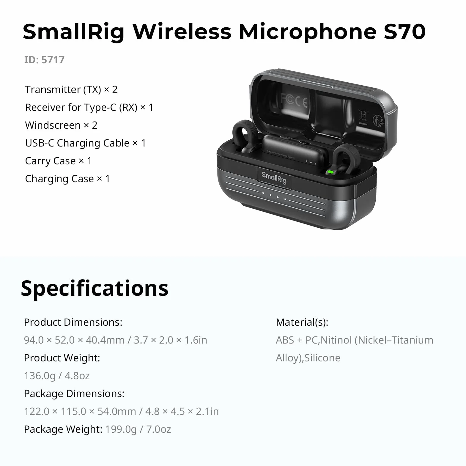 SMALLRIG Bezprzewodowy mikrofon S70-C2 z adapterem USB-C do telefonów/tabletów/kamer sportowych, niewidoczny i lekki mikrofon do nagrywania, wysokiej jakości nagrywanie 48 kHz/24 bity - 5717