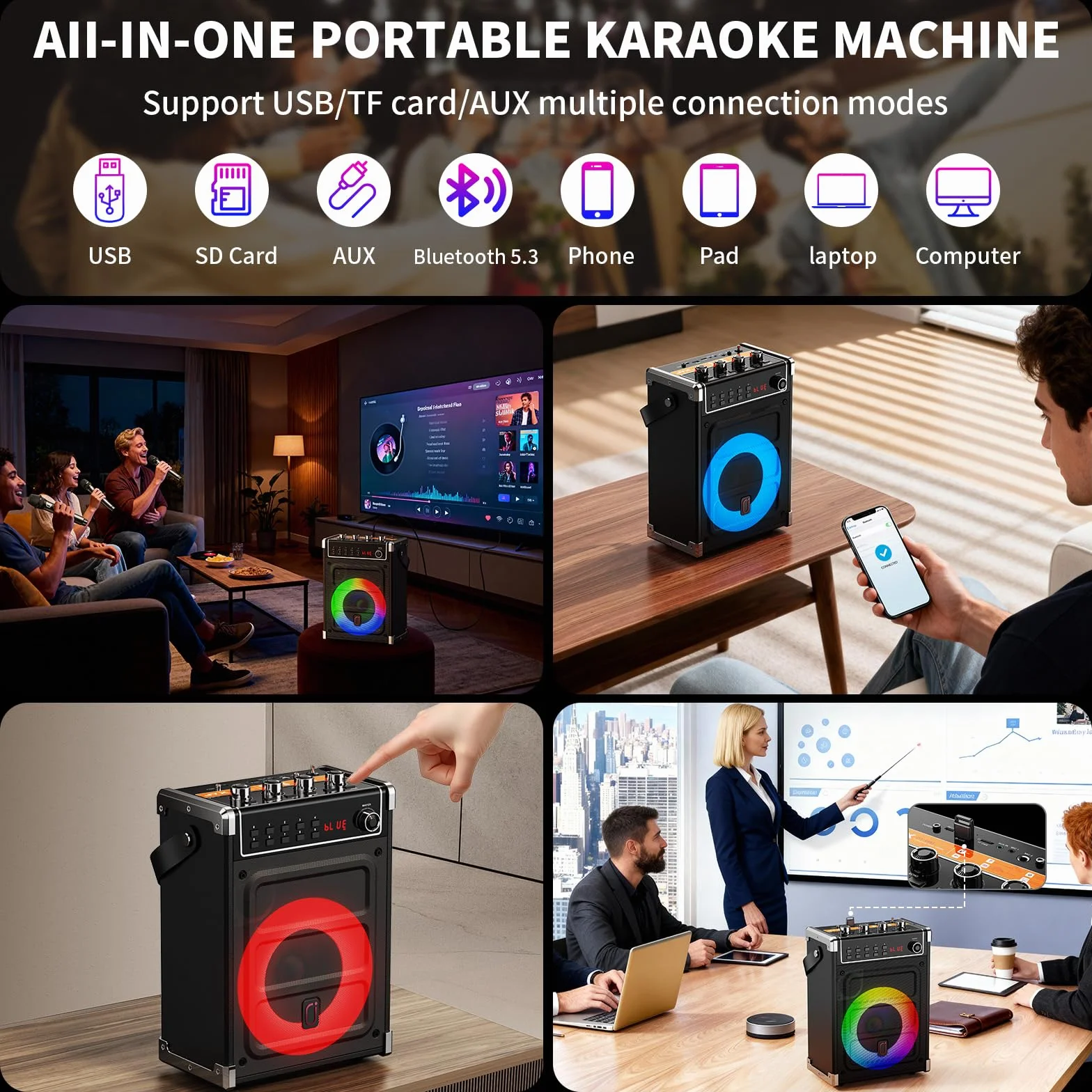 JYX Maszyna do karaoke z 2 mikrofonami bezprzewodowymi UHF, regulacją basów/wysokich tonów i oświetleniem LED, obsługą TWS, AUX In, FM, REC, zasilacz dla imprezy/dorosłych/dzieci - czarny (Czarny)