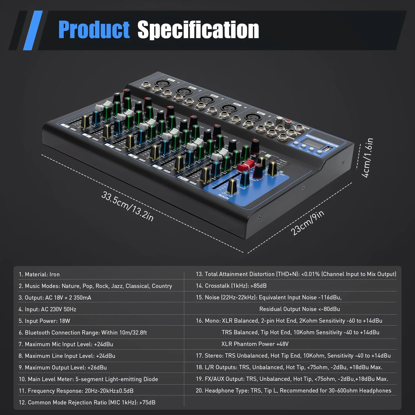Mikser audio Bluetooth, 7-kanałowy, mikser DJ Live Studio z USB, mikser audio na żywo, 6 trybów muzyki, konsola do miksowania dźwięku, do studia produkcji muzyki, barów i scen, dla