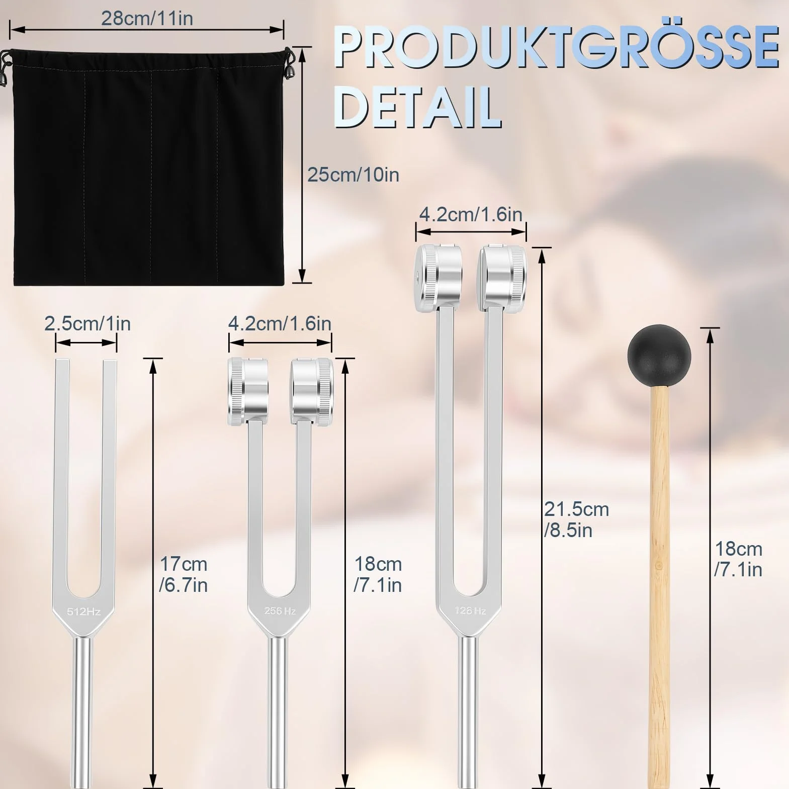 Zestaw precyzyjnych widełek do strojenia 128 Hz, 256 Hz, 512 Hz, profesjonalny stop aluminium, do terapii dźwiękowej, medytacji i leczenia czakr, silikonowe pałeczki, torba do przechowywania, joga
