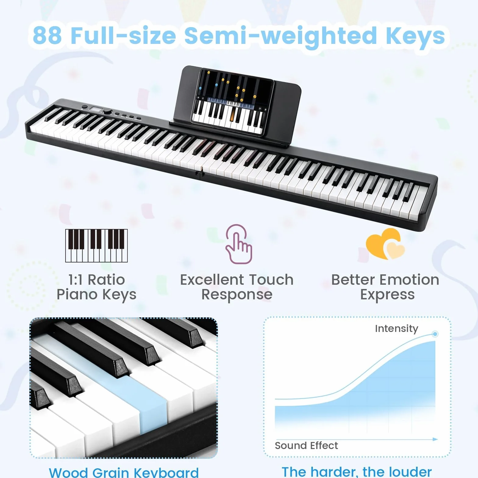 KOMFOTTEU Pianino cyfrowe 88 klawiszy, składane elektroniczne pianino, elektroniczne pianino, przenośne cyfrowe keyboard z pedałem sustain, 20 demo/ 128 rytmów Zestaw pianino cyfrowego (Czarny)