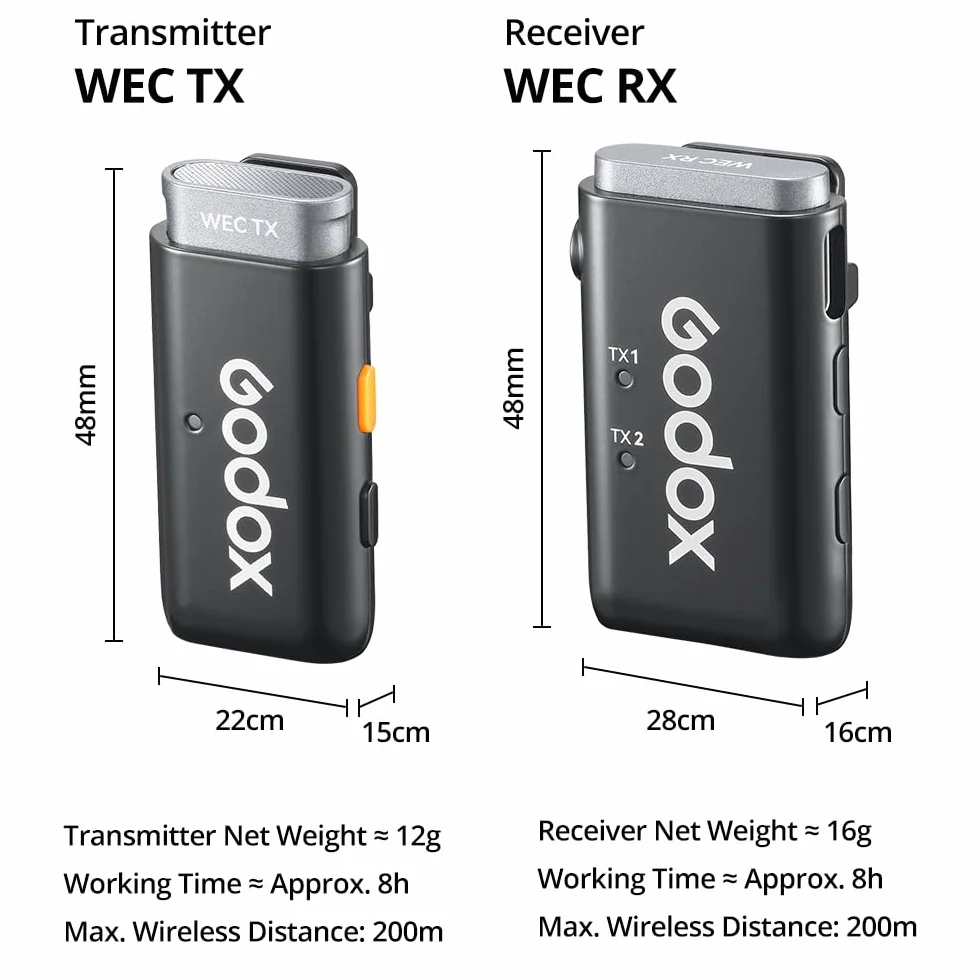 GODOX bezprzewodowy system mikrofonowy 2,4 GHz WEC Kit2, One-Click Oisecancellation, wyjątkowa jakość dźwięku, cyfrowy wyświetlacz baterii, zasięg do 200 m,