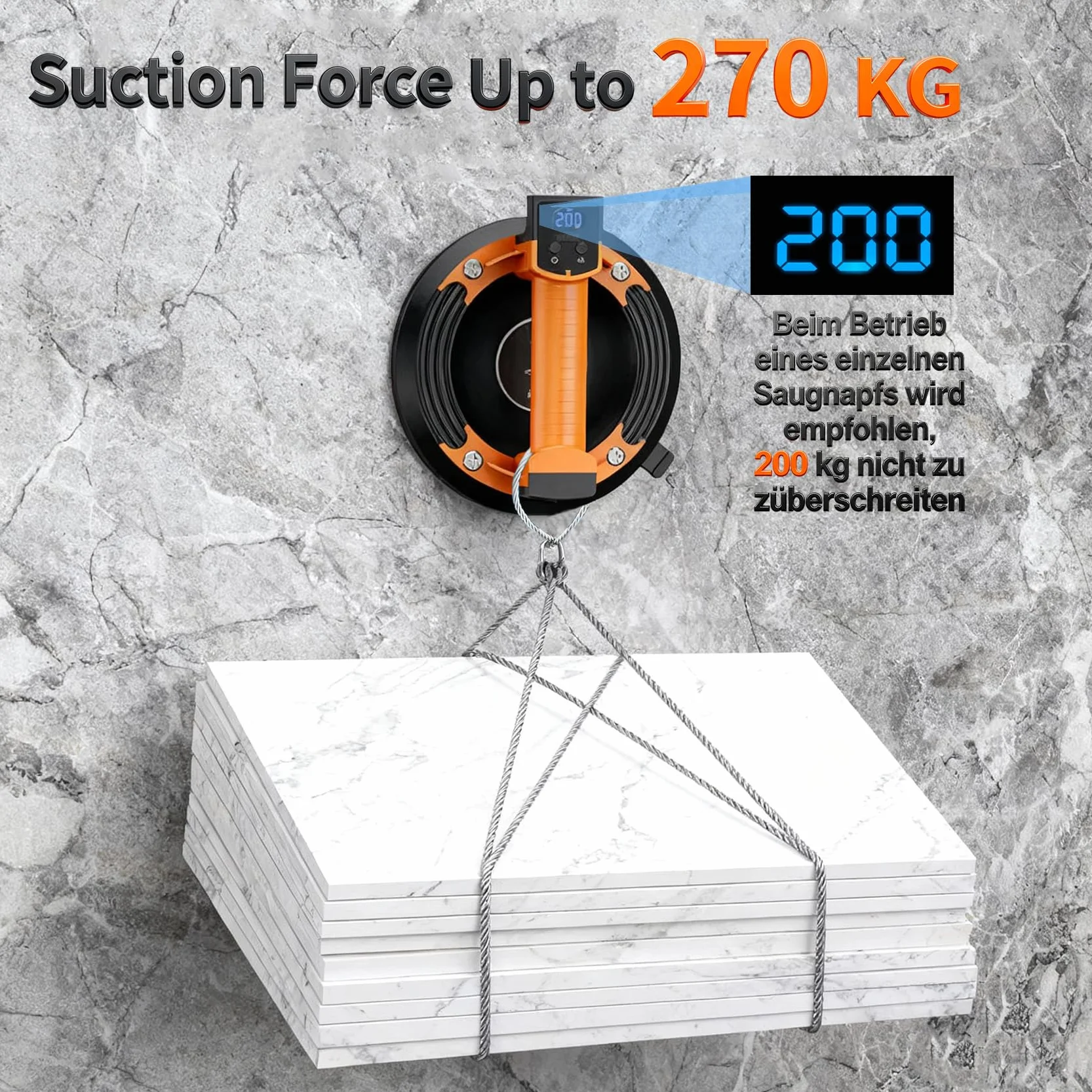 Przyssawka akumulatorowa do płytek, elektryczna przyssawka do szkła z akumulatorem 5000 mAh, przyssawka próżniowa o nośności max. 270 kg z wyświetlaczem LCD do płytek marmurowych i szkła (2