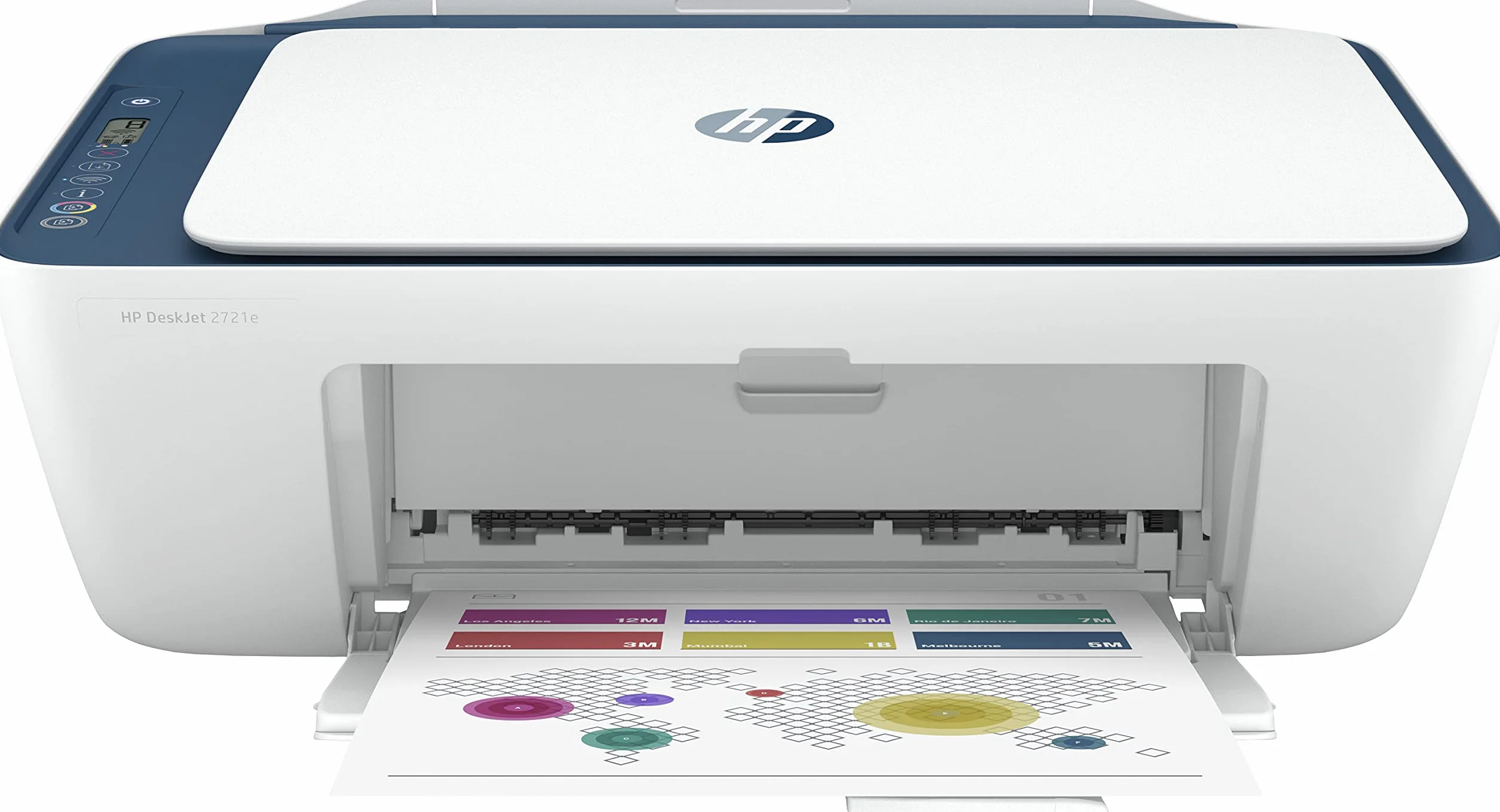 HP Deskjet 2721e - All-in-1 drukarka termiczna A4 4800 x 1200 DPI 7,5 stron/min, Wi-Fi, 425 x 546 x 250 mm - Biały/Niebieski