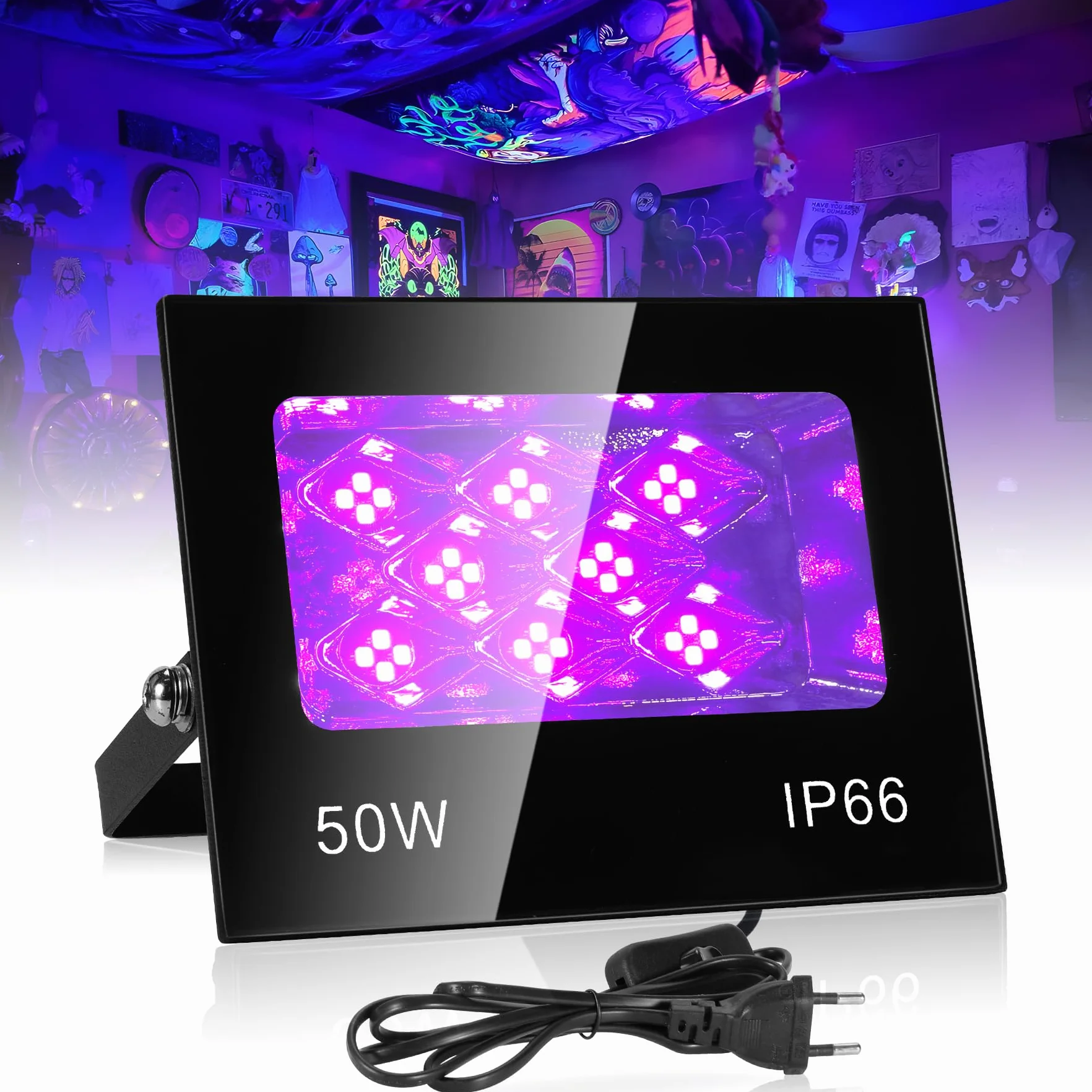 VAYALT Reflektor LED 50 W, czarne światło, reflektor LED UV na imprezę, 395-405 nm, IP66, wodoszczelna lampa z wtyczką, światło UV na dyskotekę, imprezę z okazji imprez, dekoracji Halloween