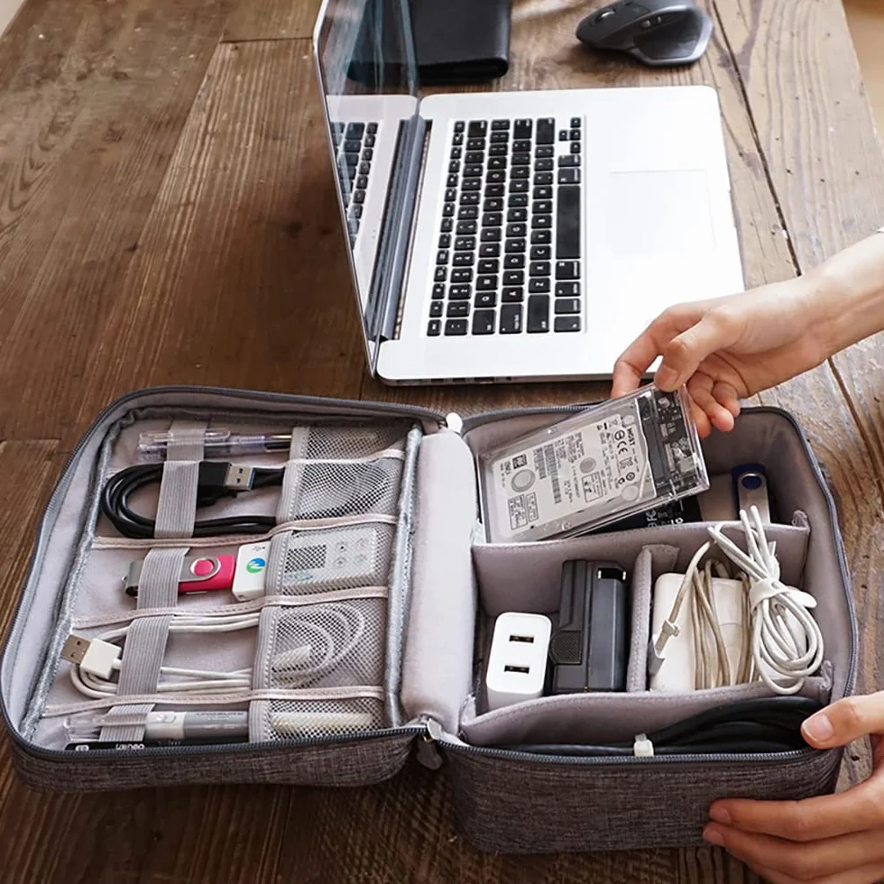 Retoo Organizer na przewody, torba na kable, do ładowania i przybory podróżne, uniwersalne akcesoria podróżne, elektroniczne etui, na telefon komórkowy, kabel, dysk twardy, szary, 40,5 x 26 x 3,2