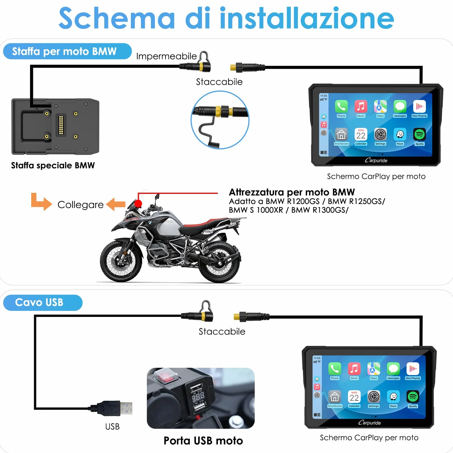 Carpuride W702B Motocyklowy ekran Carplay z niestandardowym mocowaniem do BMW Motorbike, Wireless CarPlay i Android Auto, przenośny 7-calowy wodoodporny ekran dotykowy, podwójny Bluetooth, nawigacja,