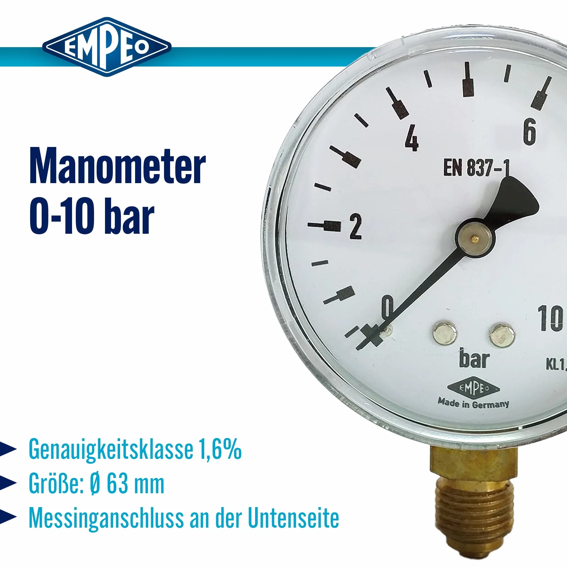 Manometr, NG63, 0-10bar, G1/4" na dole