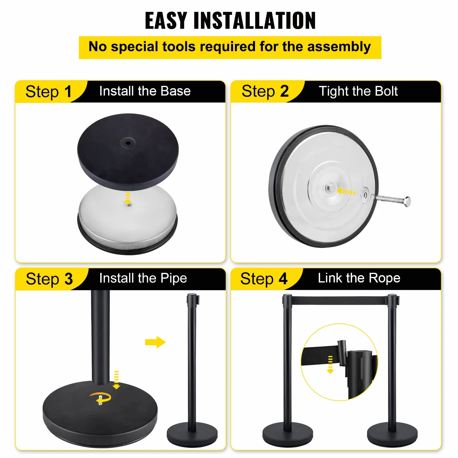 VEVOR Stanchion Control Stanchion, zestaw 4-częściowy, zestaw stanionów z 6,6 ft/2 m, czarny pasek chowany, czarna bariera kontroli tłumu z betonem i metalową podstawą – łatwy montaż