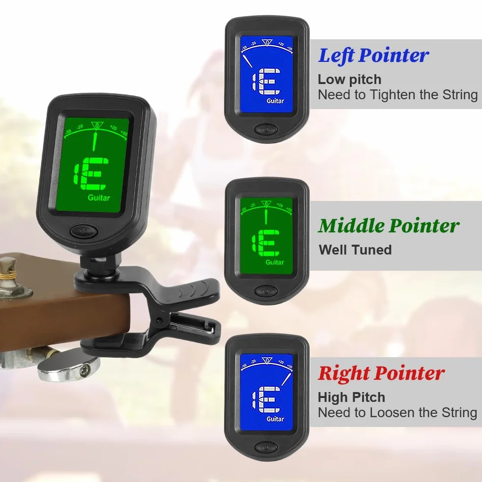 tuner gitarowy na klips, cyfrowe tunery do akcesoriów gitarowych z wyświetlaczem LCD, tuner gitarowy na klips do gitary akustycznej, basowej, skrzypiec, ukulele, gitary elektronicznej