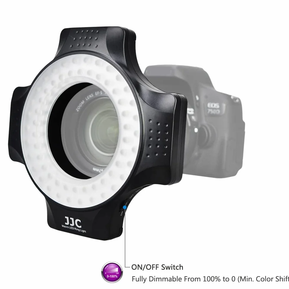 JJC Makro LED lampa pierścieniowa z 60 diodami LED o wysokiej intensywności, dyfuzor lampy błyskowej do obiektywu Canon Sony Nikon Olympus Fuji DSLR, 6 pierścieni dopasowania obiektywu - od 49 mm do