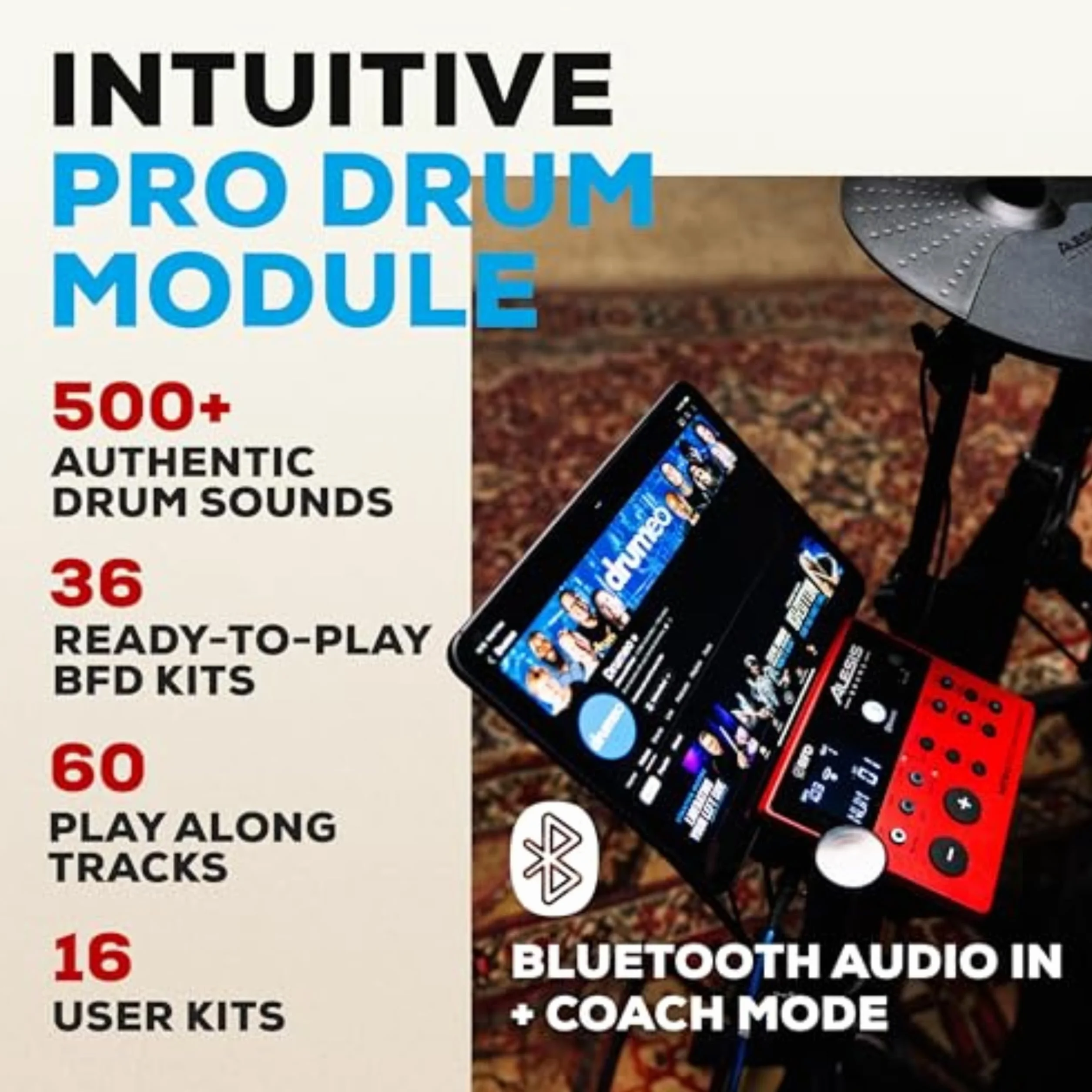 Alesis Nitro Pro Elektryczna perkusja z 2-strefowymi padami siatkowymi, 500+ brzmień BFD, Bluetooth, Drumeo, USB MIDI, zgodna z 2 bębnami basowymi