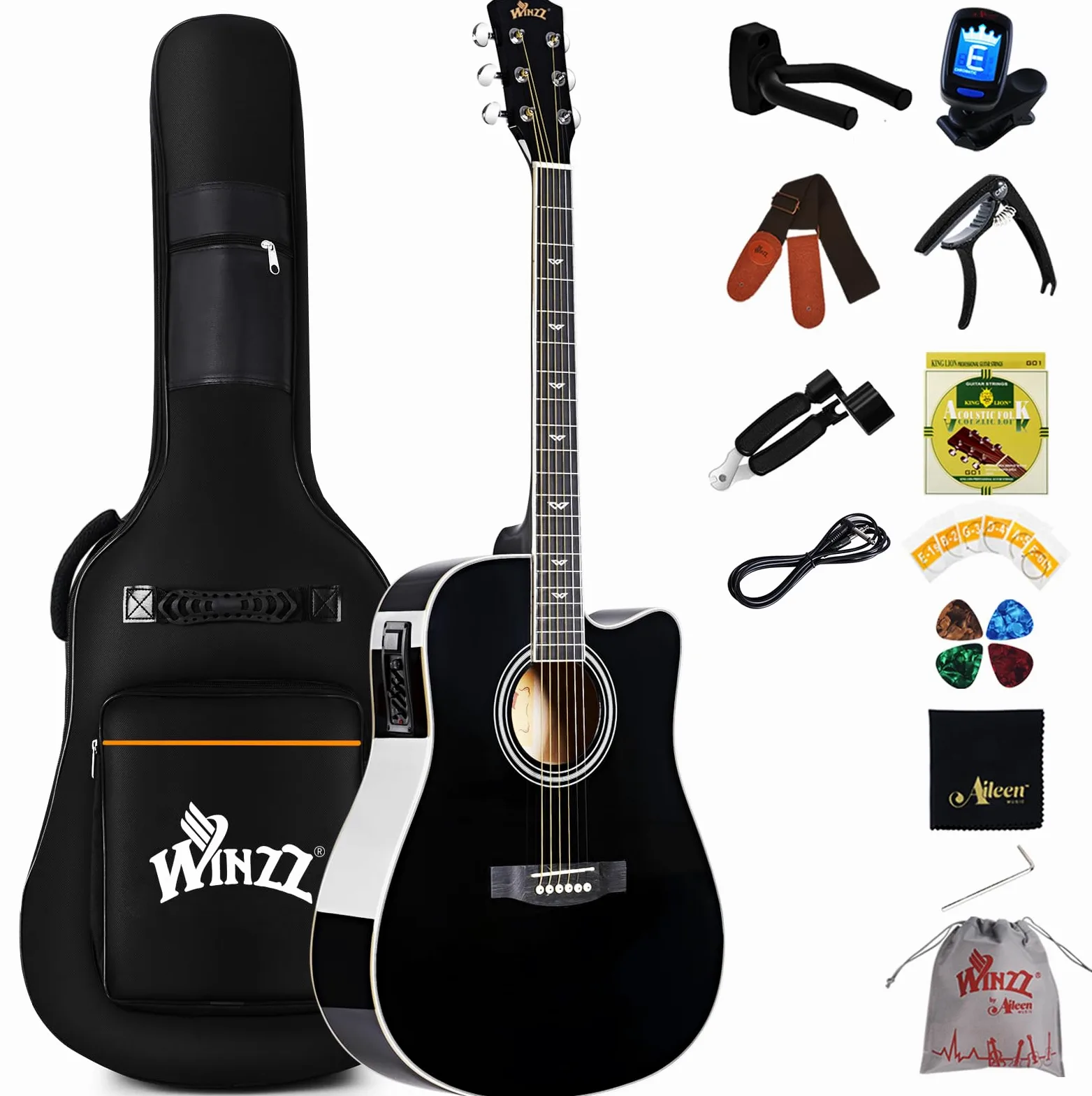 Winzz Elektryczna gitara akustyczna Western 4/4, dla początkujących, dorosłych i dzieci (praworęczna, czarna, błyszcząca)