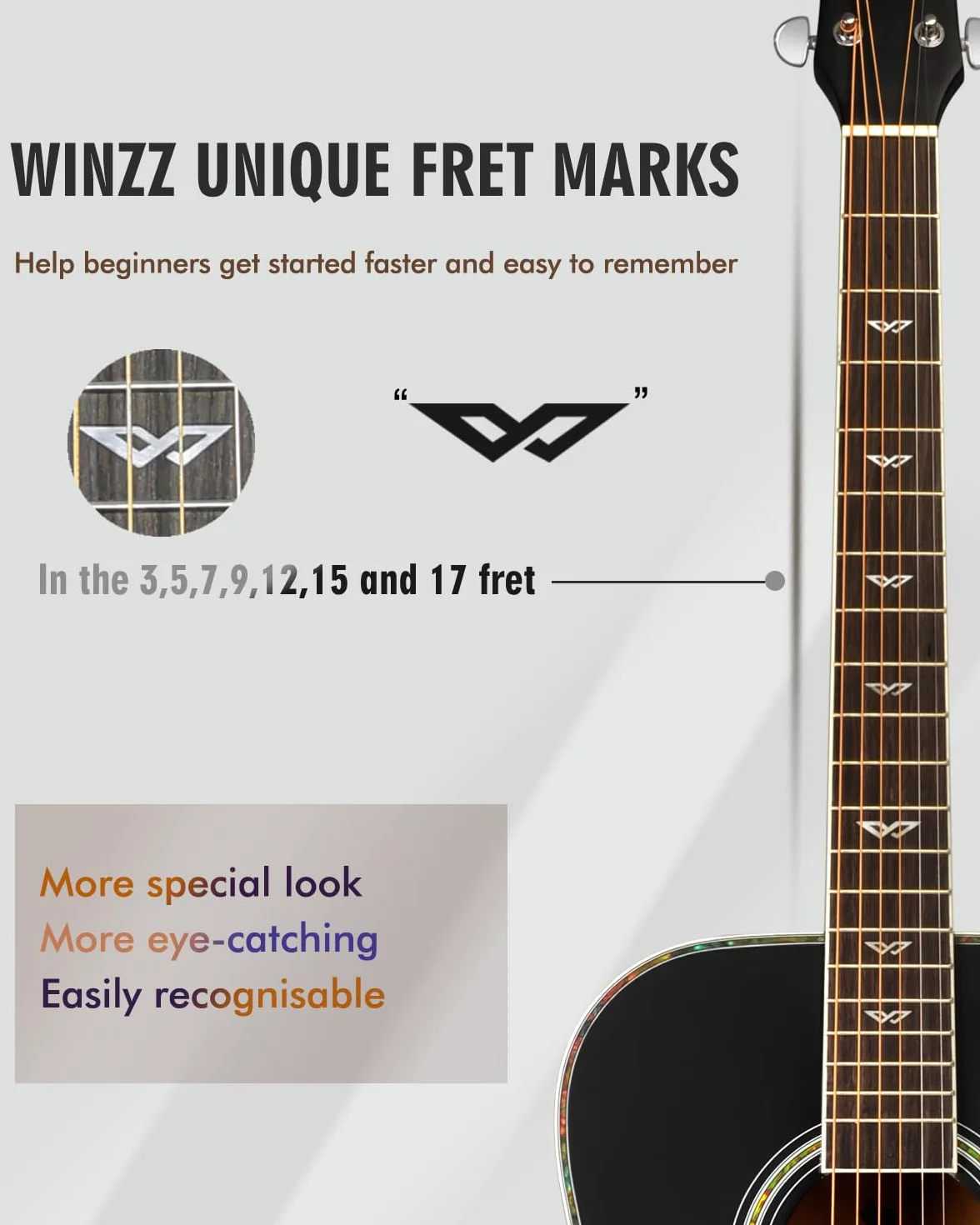 Winzz Czarna gitara akustyczna 4/4, dla początkujących, 41 cali z walizką gitarową, strojem, paskiem, kostkami, dodatkową struną i stojakiem na gitarę