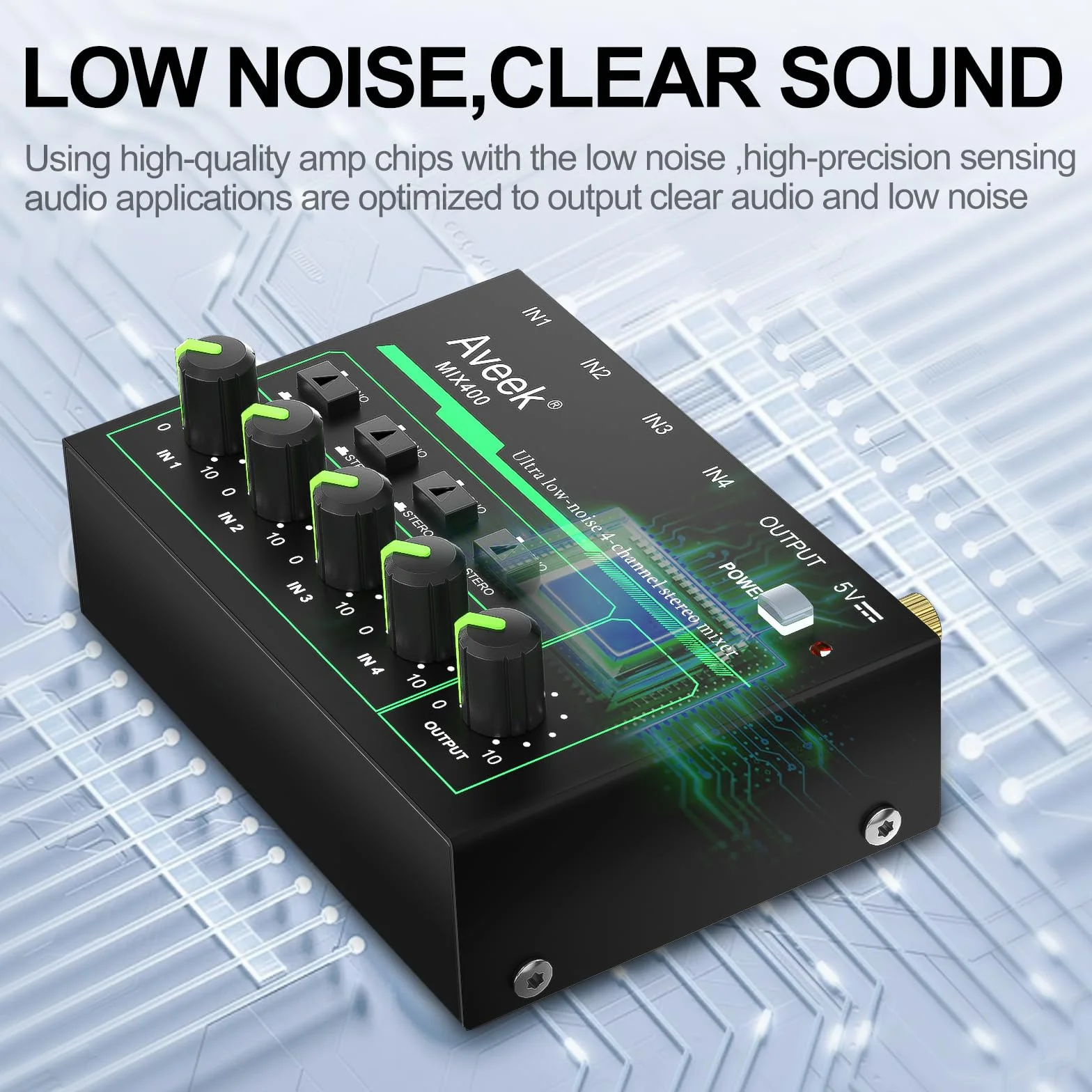 Aveek Mikser 4-kanałowy – mini 4-kanałowy mikser audio stereo, niski poziom hałasu dla precyzyjnego podmieszania, wejście/wyjście TRS 1/10.2 cm idealny do mikrofonów/gitar/basów/scen