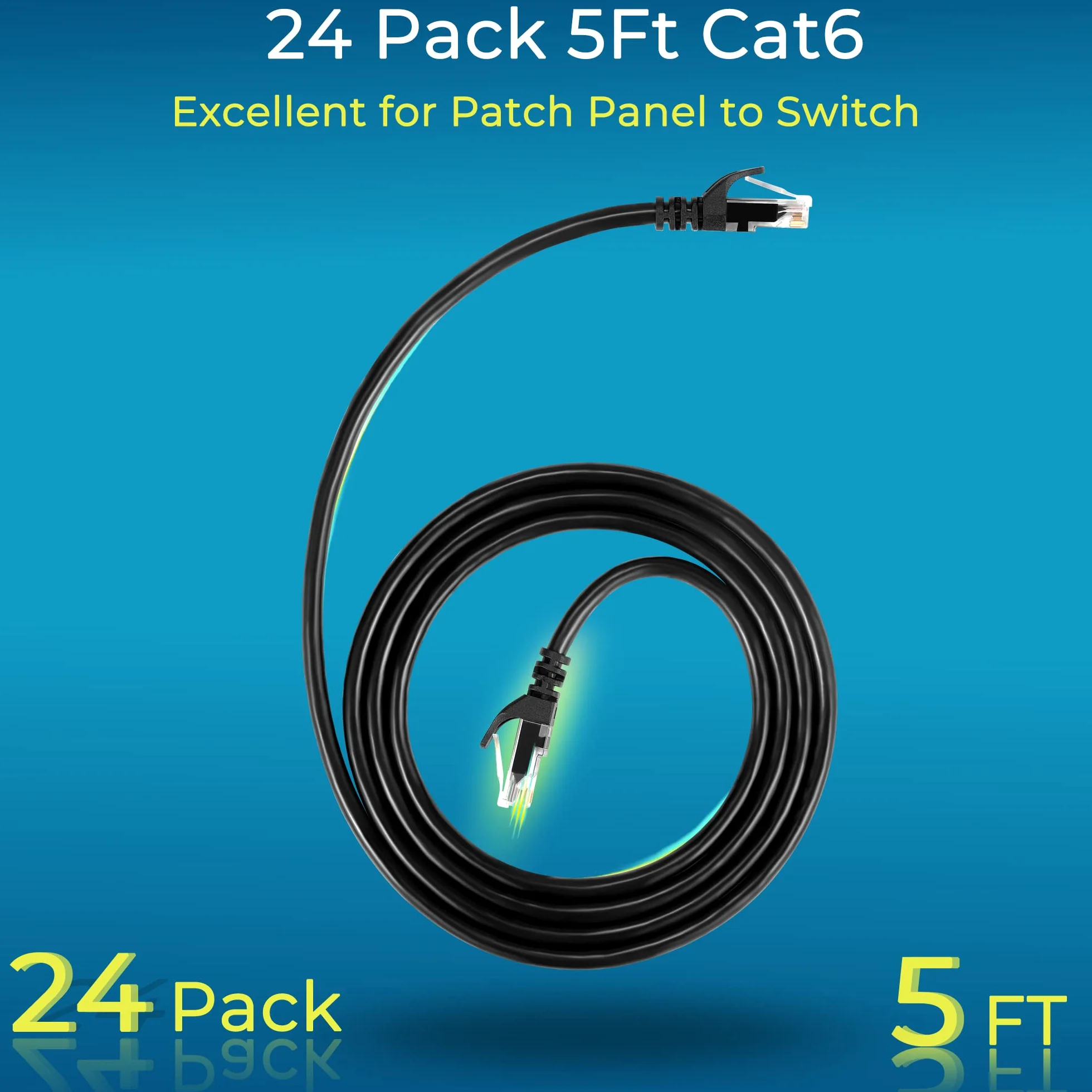 Rapink Patch Cables Cat6 1,5 m (24 sztuki), kabel krosowy Ethernet 10G, kabel krosowy Cat 6 do panelu krosowniczego do przełącznika, elastyczny kabel Ethernet Cat 6 z pozłacanym czarnym