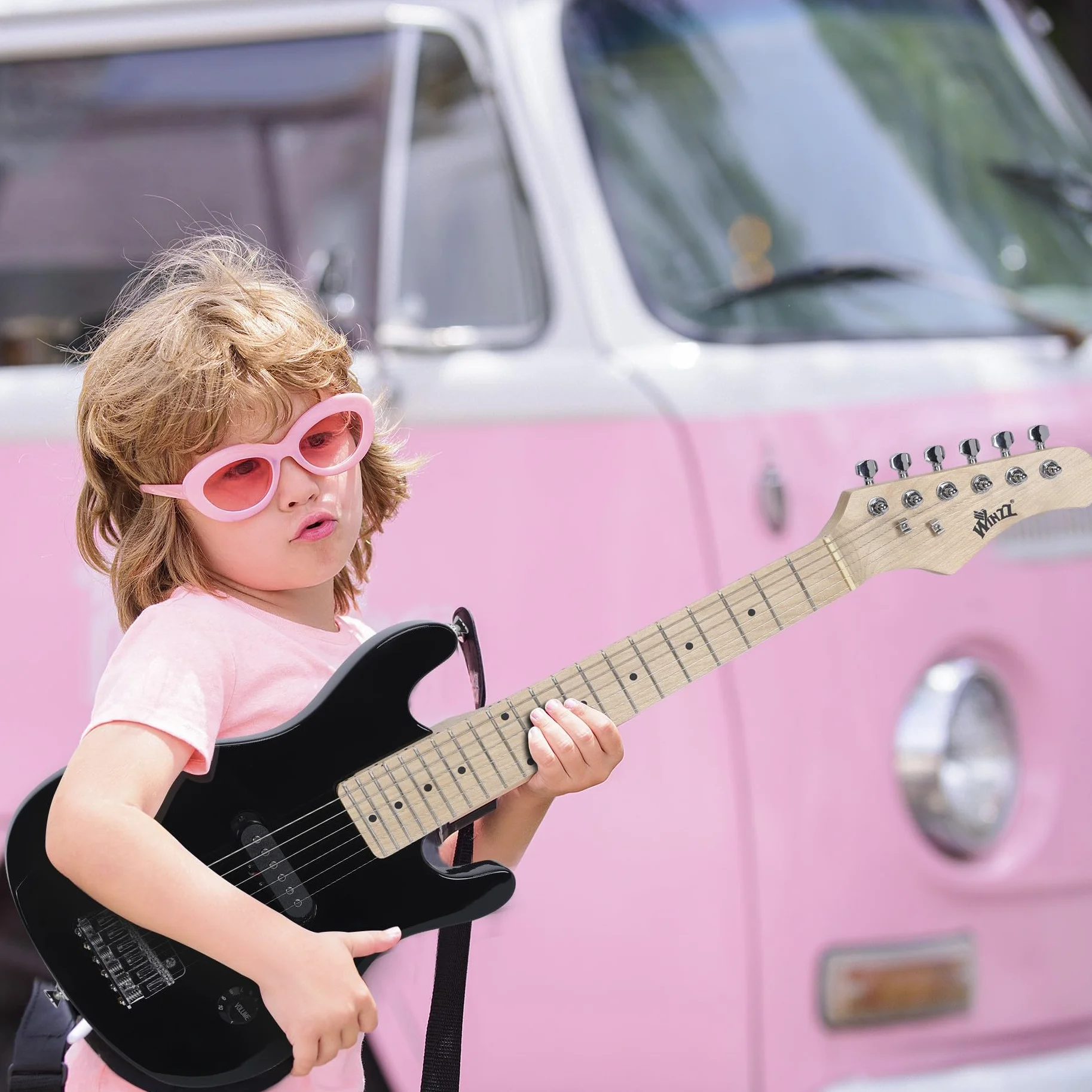 Winzz Mini gitara elektryczna dla dzieci, klon, podstrunnica, gitara elektryczna, zestaw dla początkujących, dla dzieci z wzmacniaczem (czarny), EGM100