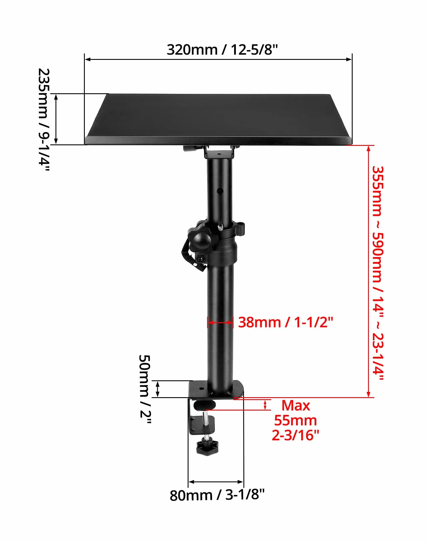 QWORK® Stojak na biurko głośnikowy, kąt nachylenia +/-15°, regulowana wysokość 35-59 cm, nośność 30 kg, czarny