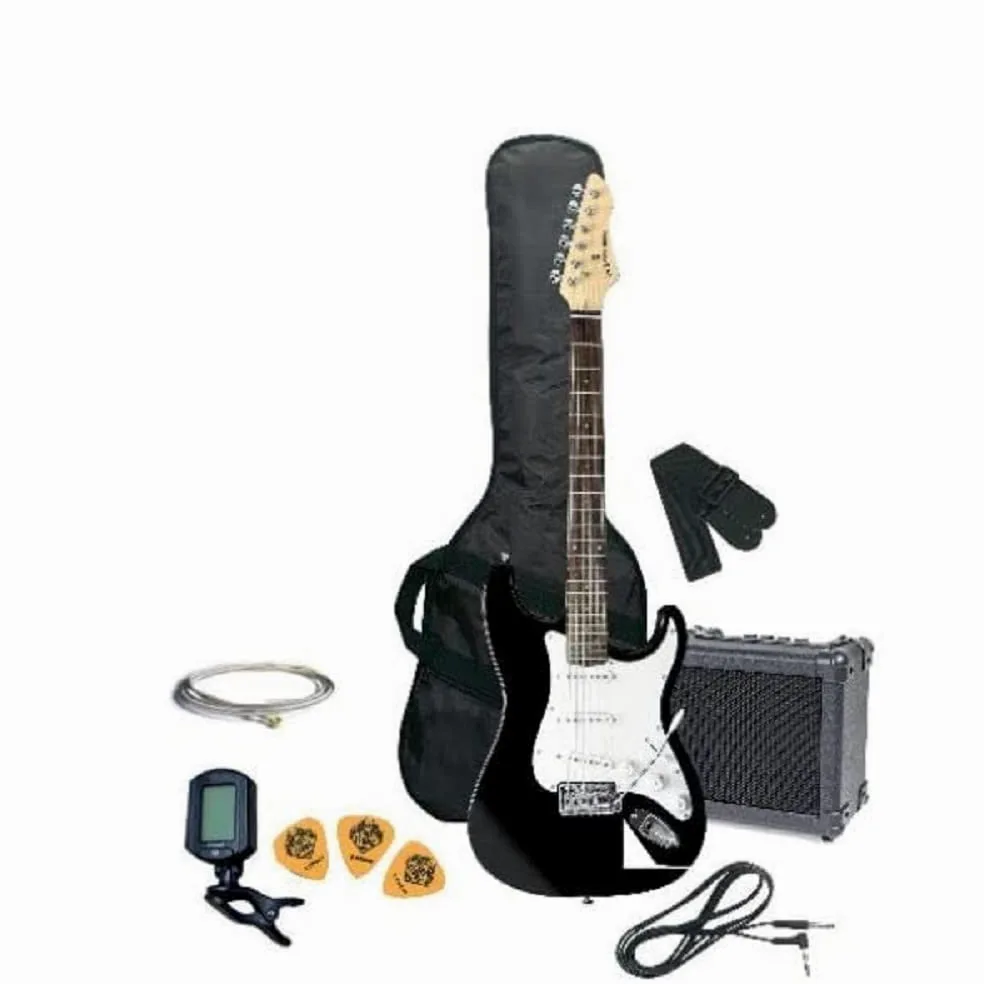 GEWA gitara elektryczna, zestaw Guitar Pack RC-100, kolor czarny, lity korpus z drewna lipowego, gryf klonowy, podstrunnica z drewna pakkaholz, pokrowiec gigbag i akcesoria na idealny start!