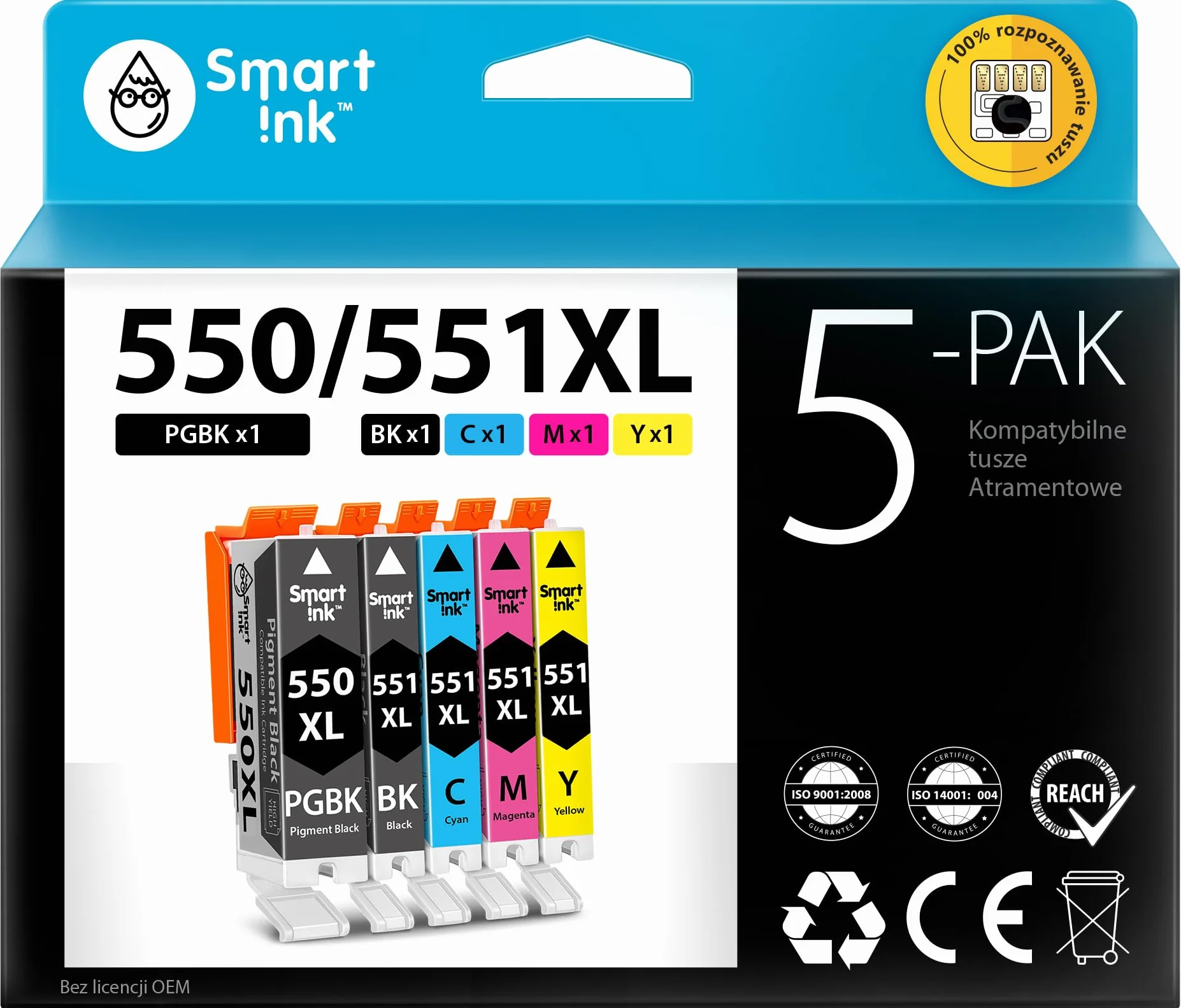 Smart Ink Kompatybilne wkłady atramentowe jako zamiennik do Canon PGI 550XL CLI 551XL 550 551 XL (5 sztuk) do użytku z PIXMA iX6850 MG5450 MG5650 MX725 MG6650 MG6450 MX925 iP7250 (PGBK & BK/C/M/Y)