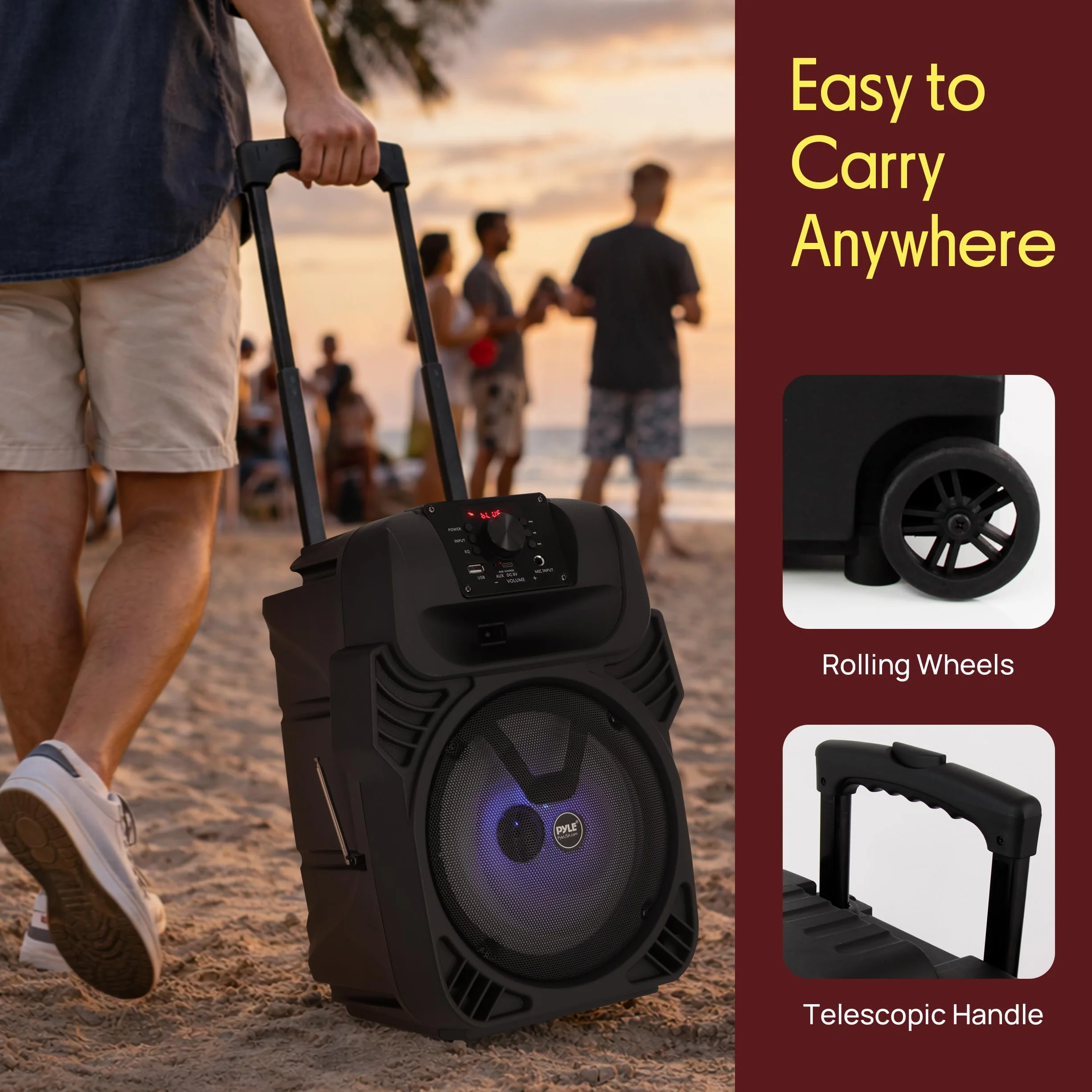 Pyle Przenośny głośnik PA 400 W - system subwoofera 8", 4 omy/55-20 kHz, radio USB/MP3/FM/wejście mikrofonu ¼, wielokolorowe światła LED, wbudowany akumulator z pilotem - Pyle PPHP844B