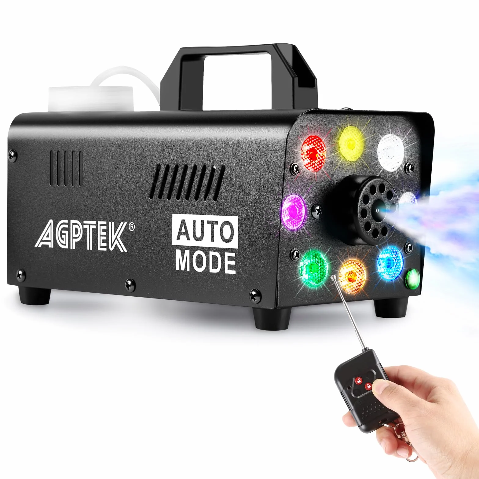AgptEK maszyna do mgły z bezprzewodowym pilotem zdalnego sterowania i światłem LED, 500 W, stabilna i przenośna, pasuje na Halloween, Boże Narodzenie, wesela, występy sceniczne itp