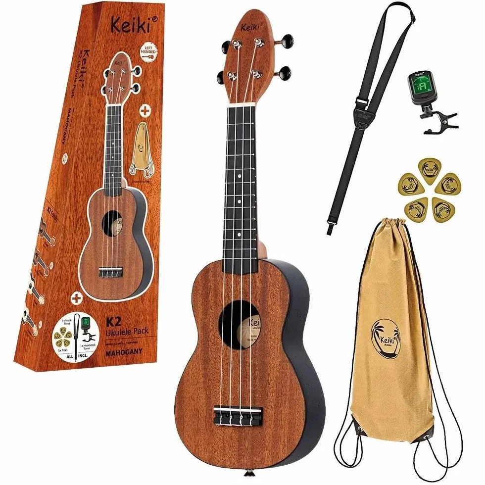 Ortega Guitars Leworęczne Ukulele Sopranowe – Akustyczne – Seria Keiki K2 – w Zestawie z Akcesoriami – Mahoń/ABS, Wykończenie Naturalne (K2-MAH-L)