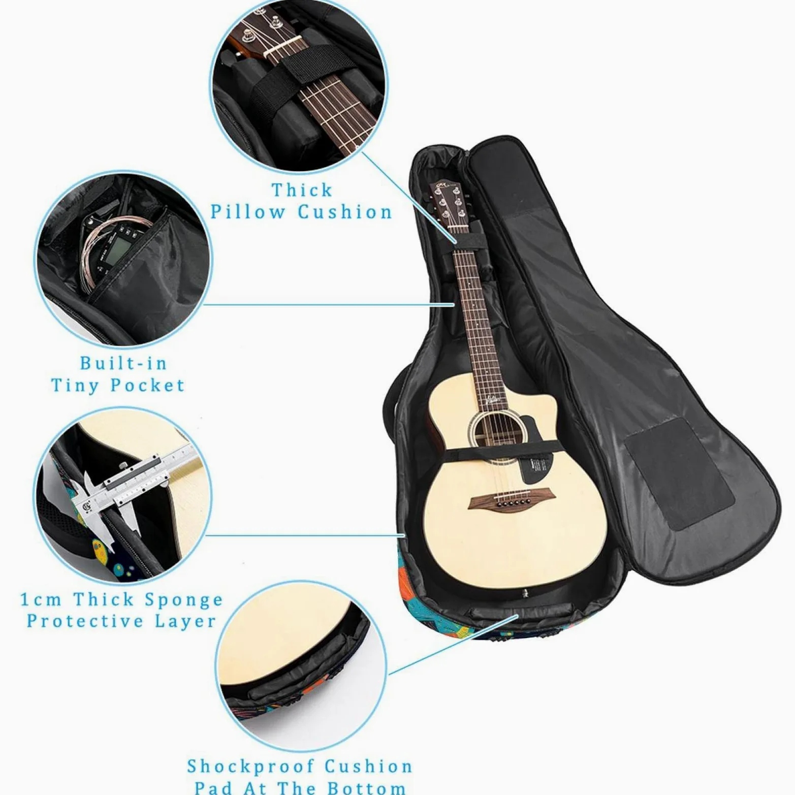 Torba na gitarę akustyczną, wodoodporny plecak na gitarę, gruby, miękki, wyściełany, małe, białe kropki na czarnym etui na gitarę klasyczną, Kolor8, 42.9x16.9x4.7 in, Organizer do torby