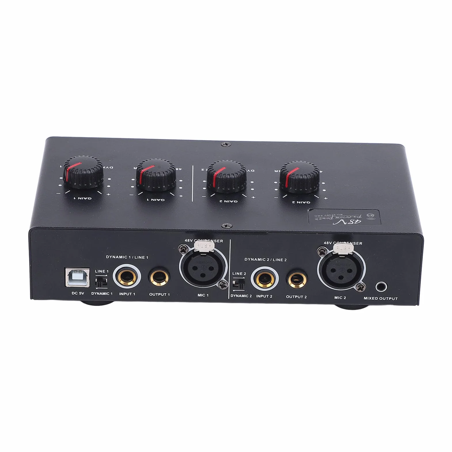 Przedwzmacniacz Mikrofonowy 2-Kanałowy z Zasilaniem Fantomowym 48V i Bluetooth – Profesjonalny Wzmacniacz do Mikrofonu, Gitary, Studio Domowego i Występów Na Żywo (Zasilacz DC)