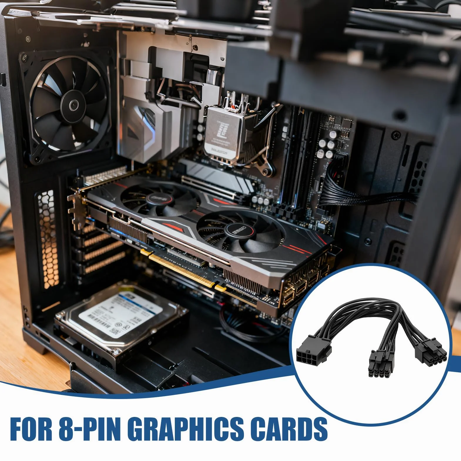 Zestaw 2 kabli PCIe 8-pinowych do Dual PCIe 8-pinowych (6+2), kabel zasilający GPU 22 cm, przedłużenie zasilacza na kartę graficzną, kompatybilność z kartami wideo o dużej mocy, zarządzanie kablami PC