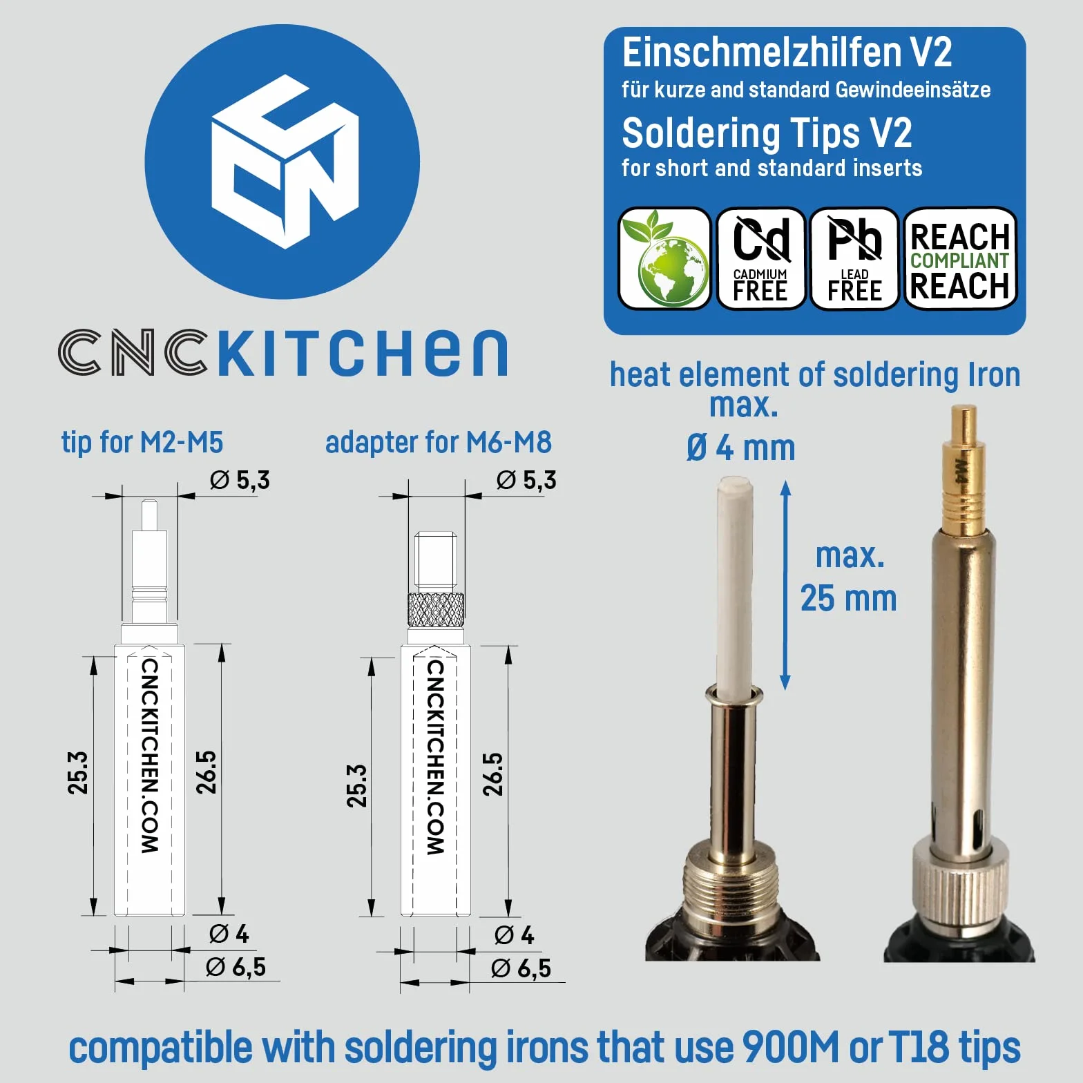 CNC KITCHEN Oryginalne wkładki do topników, np. Hakko FX-888 i inne (Standard 900M lub T18), M2-M8, wolne od ołowiu i kadmu