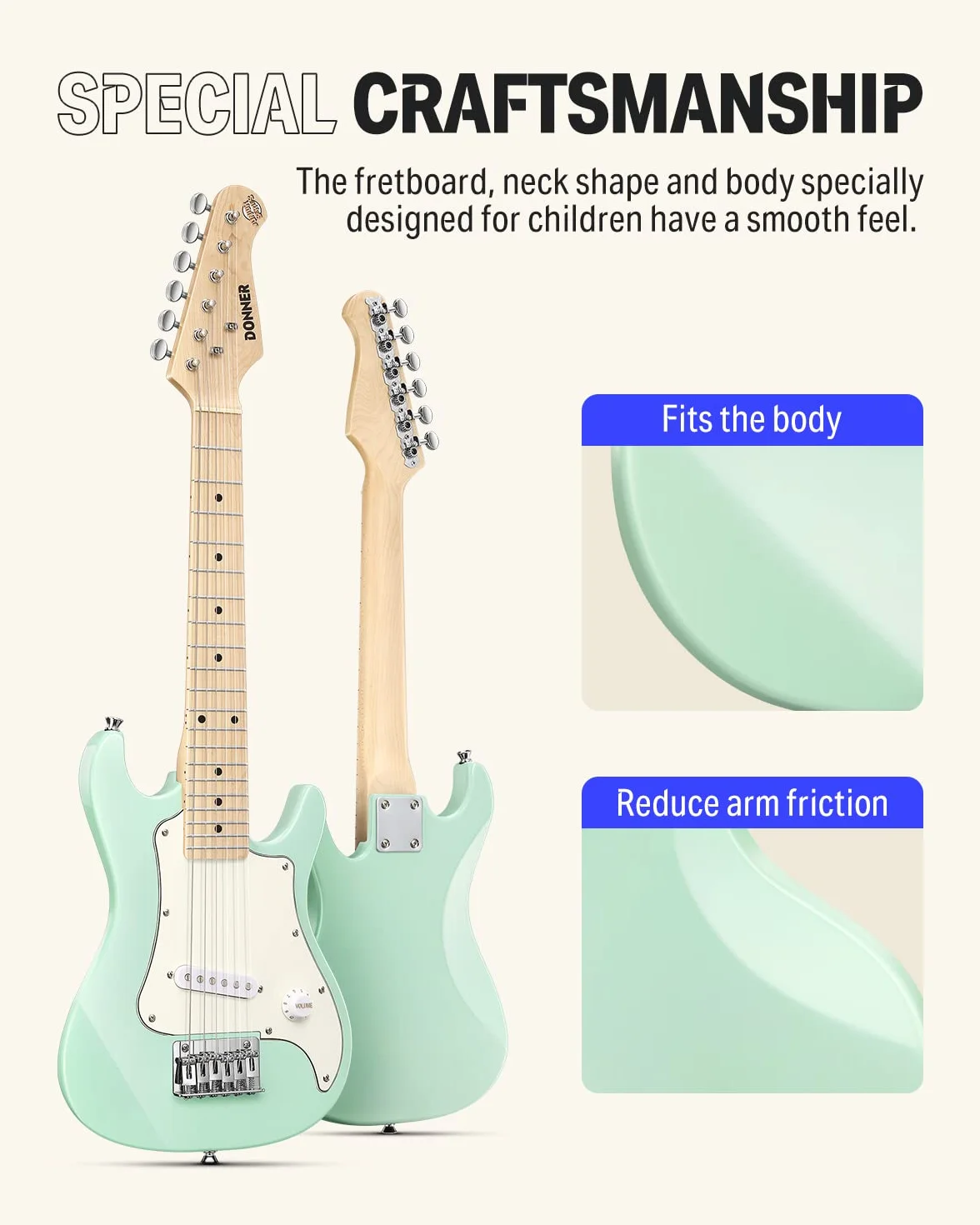 Donner 76 cm dziecięca gitara elektryczna, zestaw dla początkujących, w stylu ST, mini gitara, zestaw premium ze wzmacniaczem, tunerem, kapo, torbą, paskiem, sznurkiem, kablem (DSJ-100, miętowa