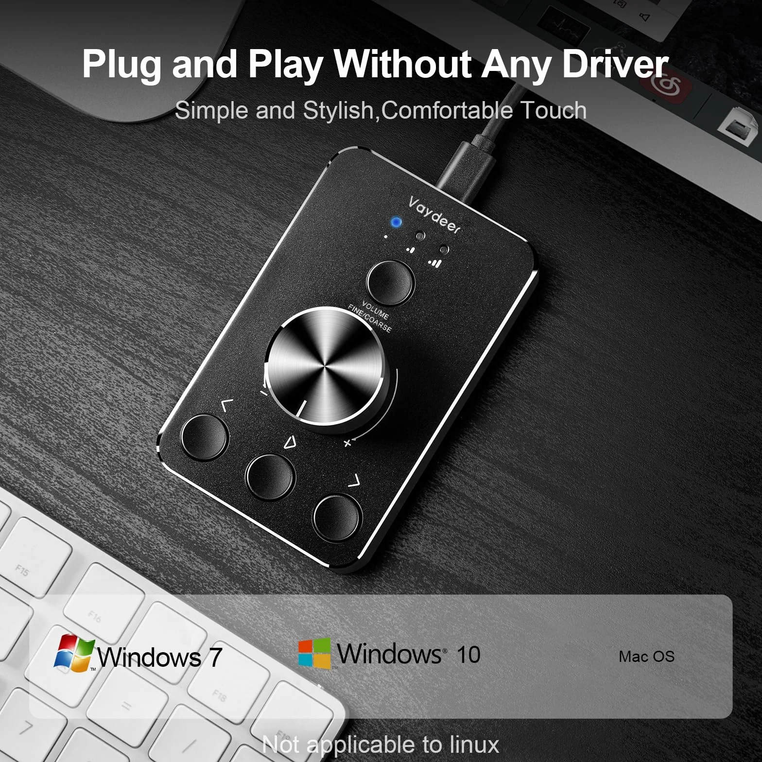 Vaydeer - Pomo de Control de Volumen USB con una tecla de Silencio para Ordenador, Ajuste de Audio, Control Remoto de Volumen de Audio, Compatible con WinXP/7/8 10/Vista/Mac/Linux
