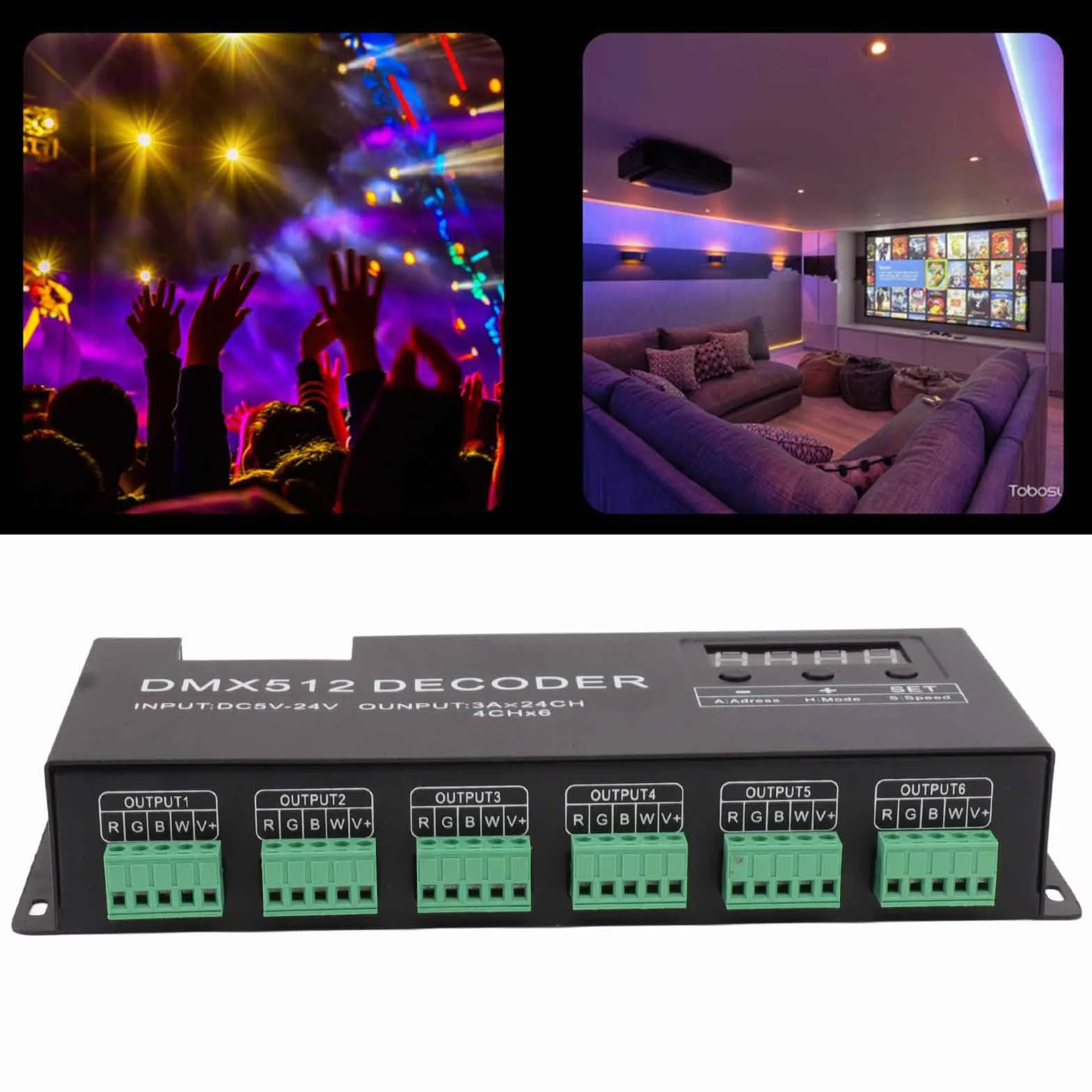 DC5-24V 24-kanałowy dekoder DMX RGBW, sterownik LED do paska scenicznego z funkcją ściemniania i cyfrowym wyświetlaczem, kontroler stałego napięcia