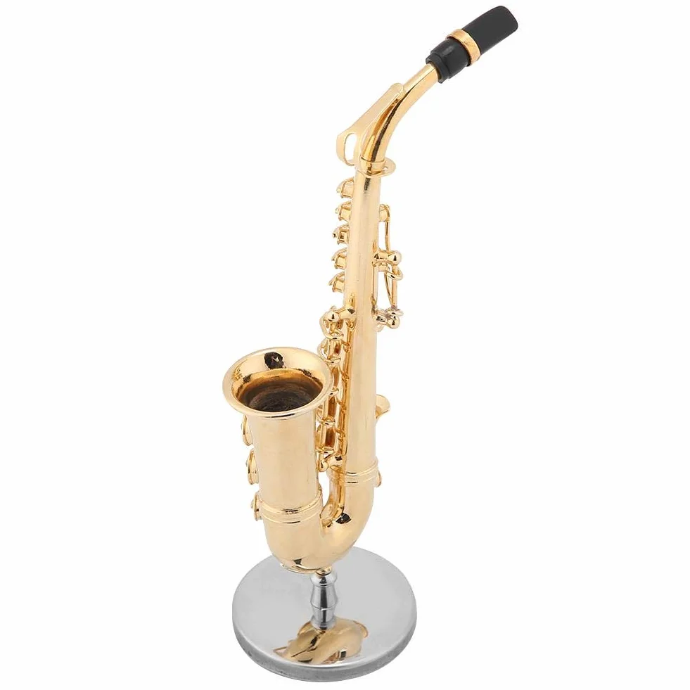 Miniaturowy stary saksofon delicated pozłacany mini instrument ornament z etui, idealny i dekoracja