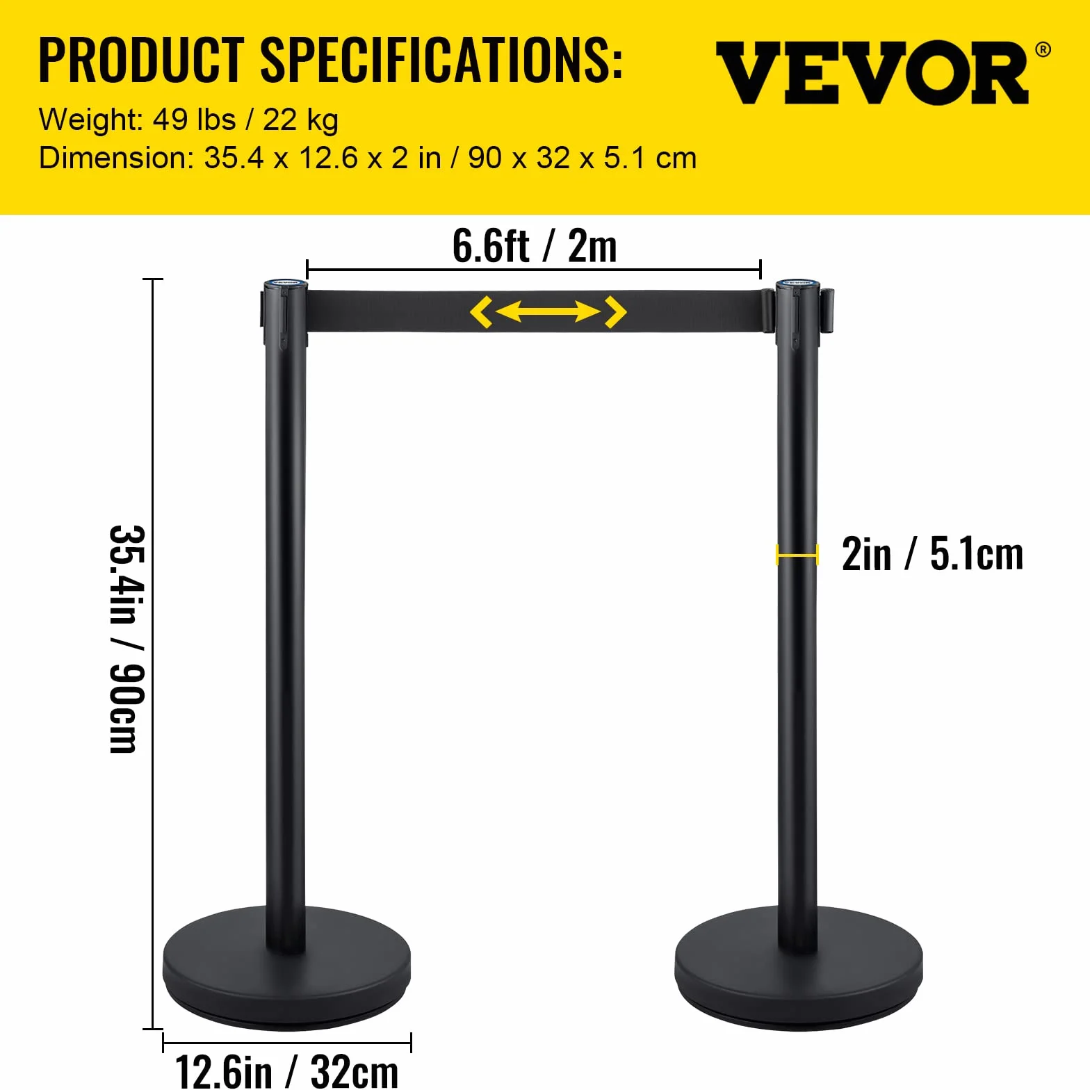 VEVOR Stanchion Control Stanchion, zestaw 4-częściowy, zestaw stanionów z 6,6 ft/2 m, czarny pasek chowany, czarna bariera kontroli tłumu z betonem i metalową podstawą – łatwy montaż