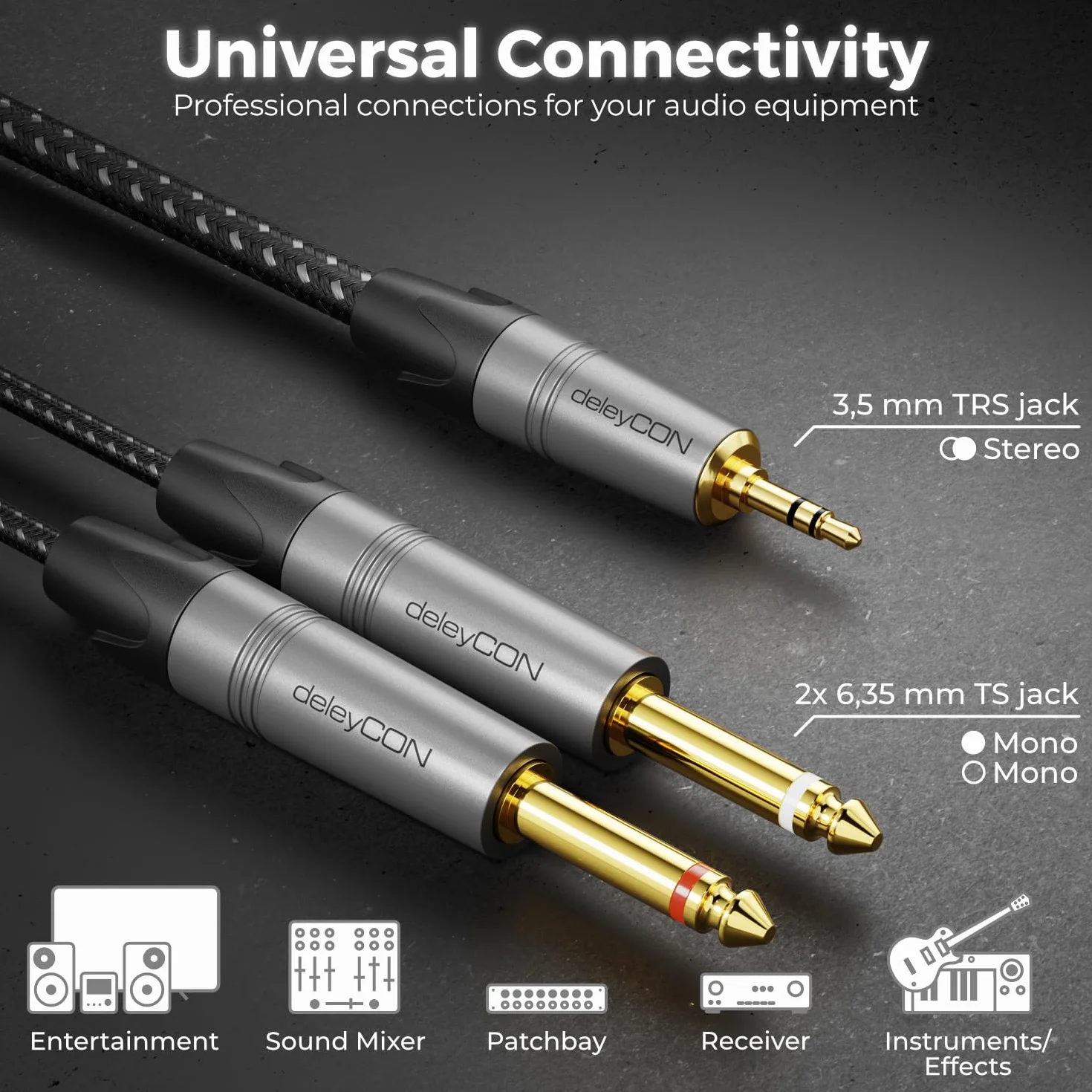 deleyCON 1m 3,5mm Klinke Stereo na 2x 6,3mm Klinke Mono Kabel - Y Przewód Audio Rozdzielacz Digital Interface Instrument Kabel do Miksera, Rejestratora Audio, Gitary, Wzmacniacza, Mikrofonu